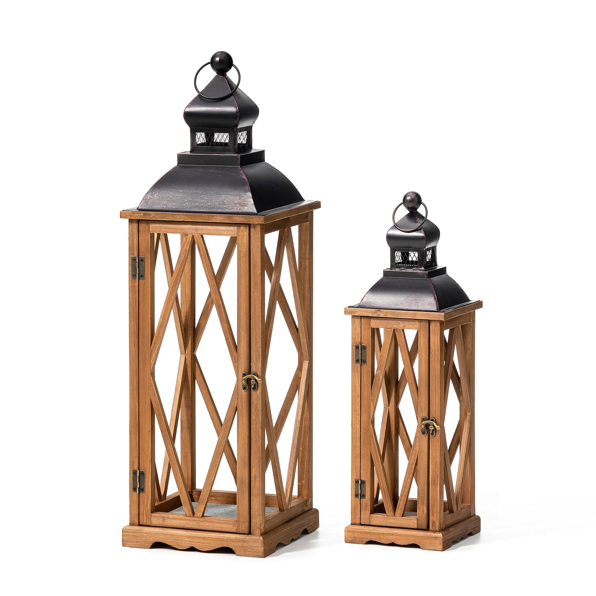 Glitzhome 2-Piece Oversize Farmhouse Wood/ Metal Hanging Candle Holders Decorative Lanterns