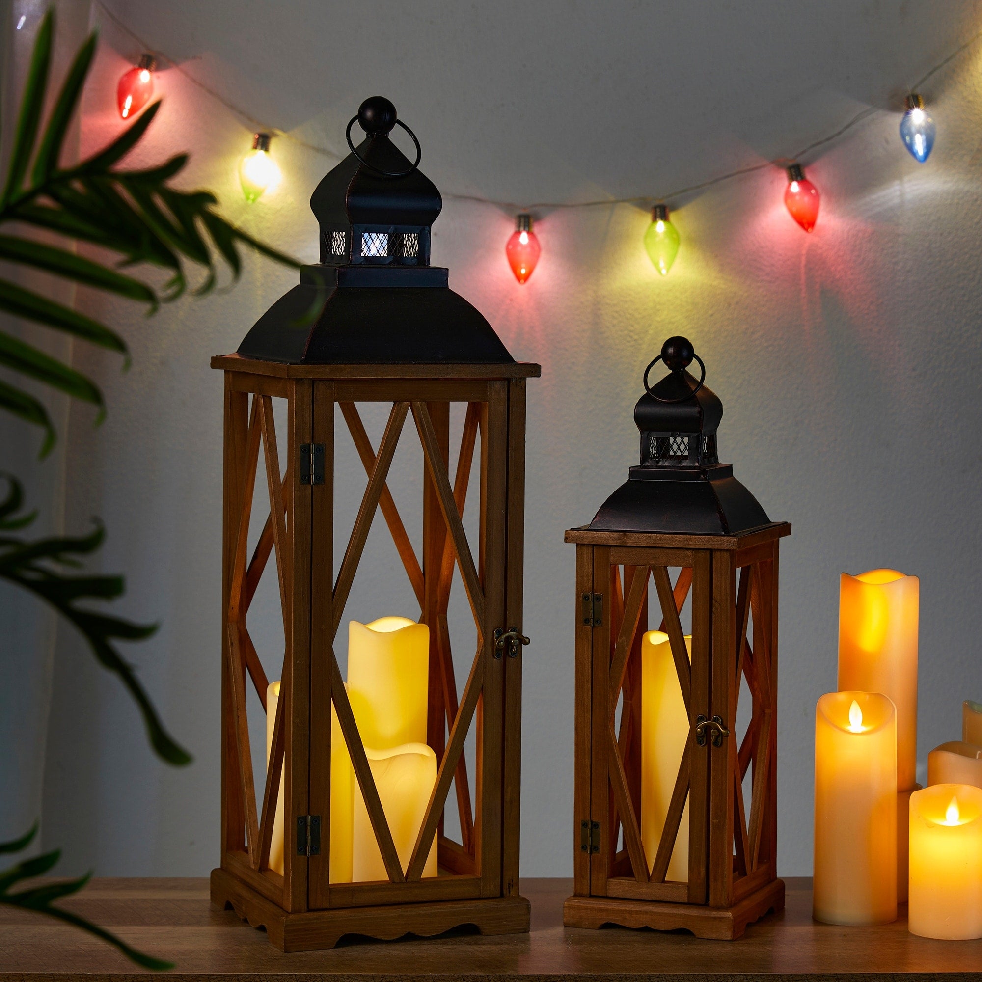 Glitzhome 2-Piece Oversize Farmhouse Wood/ Metal Hanging Candle Holders Decorative Lanterns