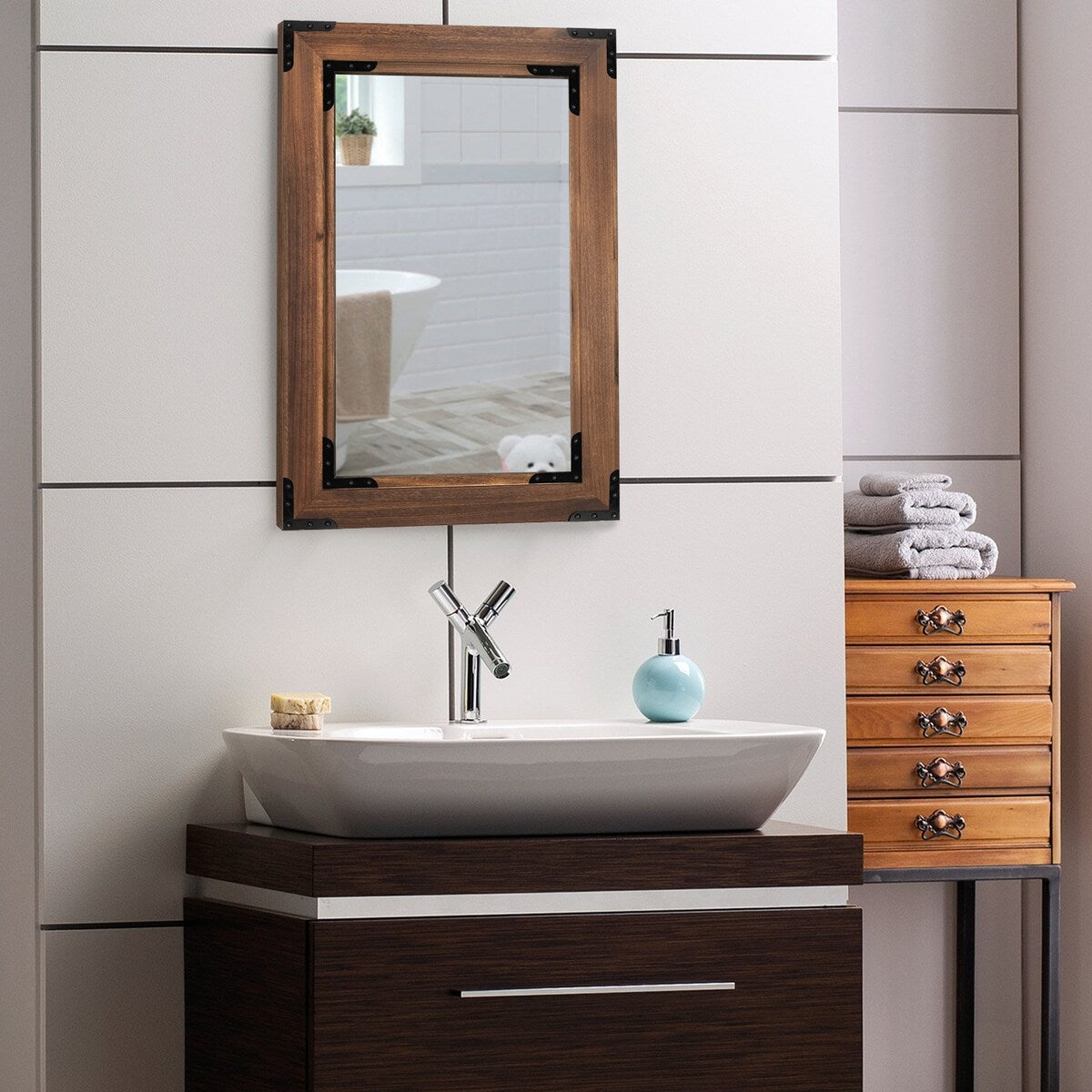 Rustic Wooden Framed Wall Mirror, Natural Wood Bathroom Vanity Mirror - Brown