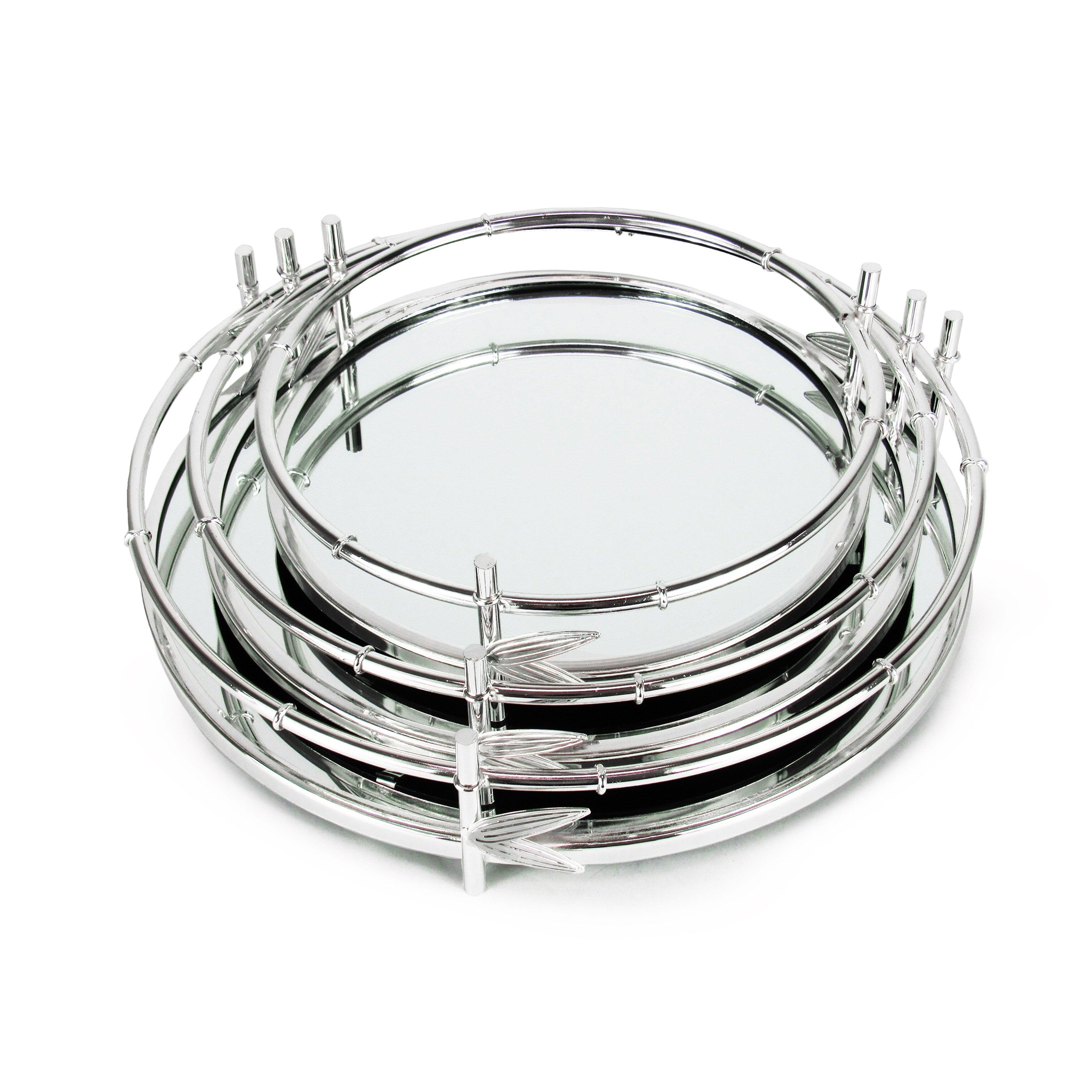 Silver Bamboo Style Round Metal Mirror Decorative Tray Serving Platter