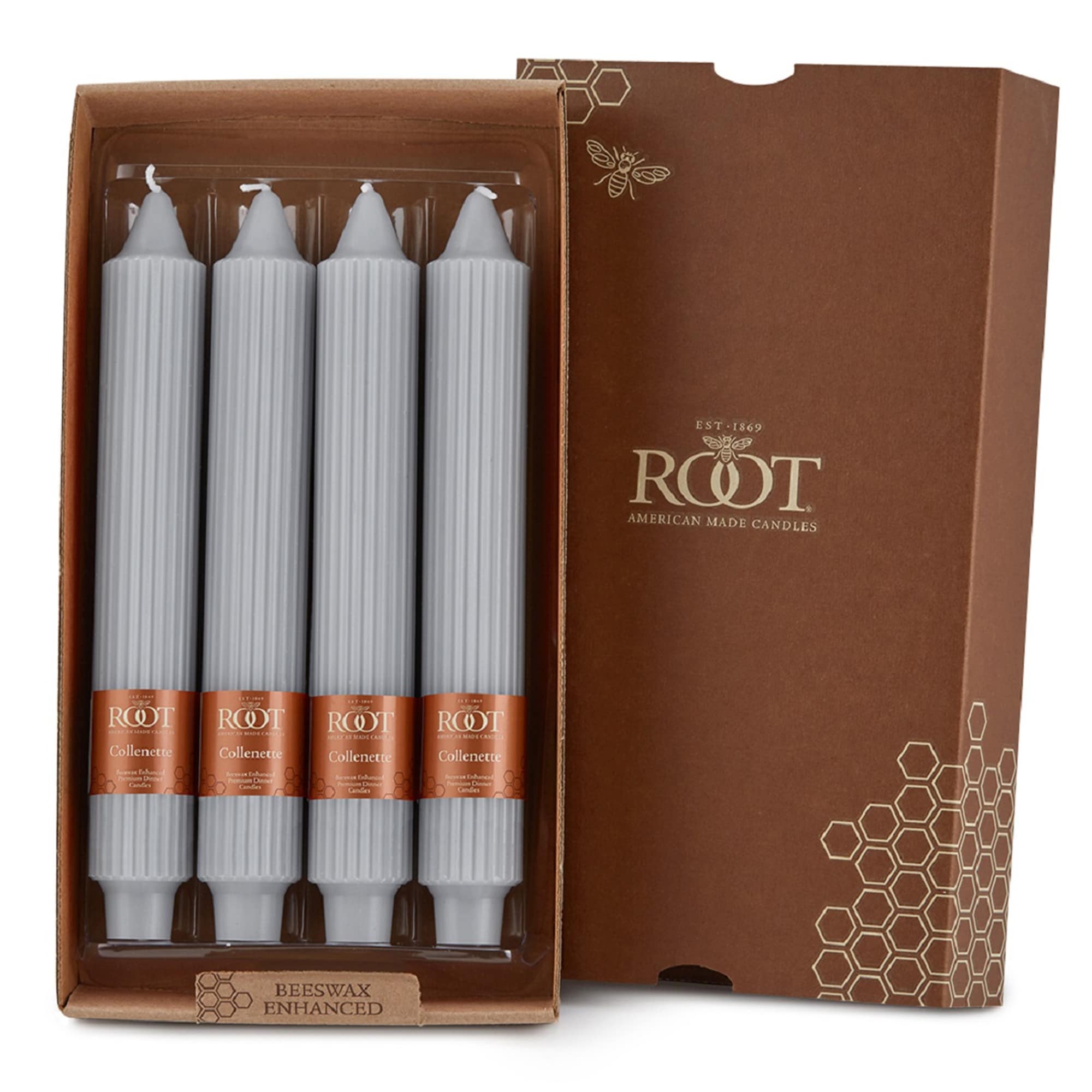 Root Unscented Grecian Collenette Taper Candles box of 4