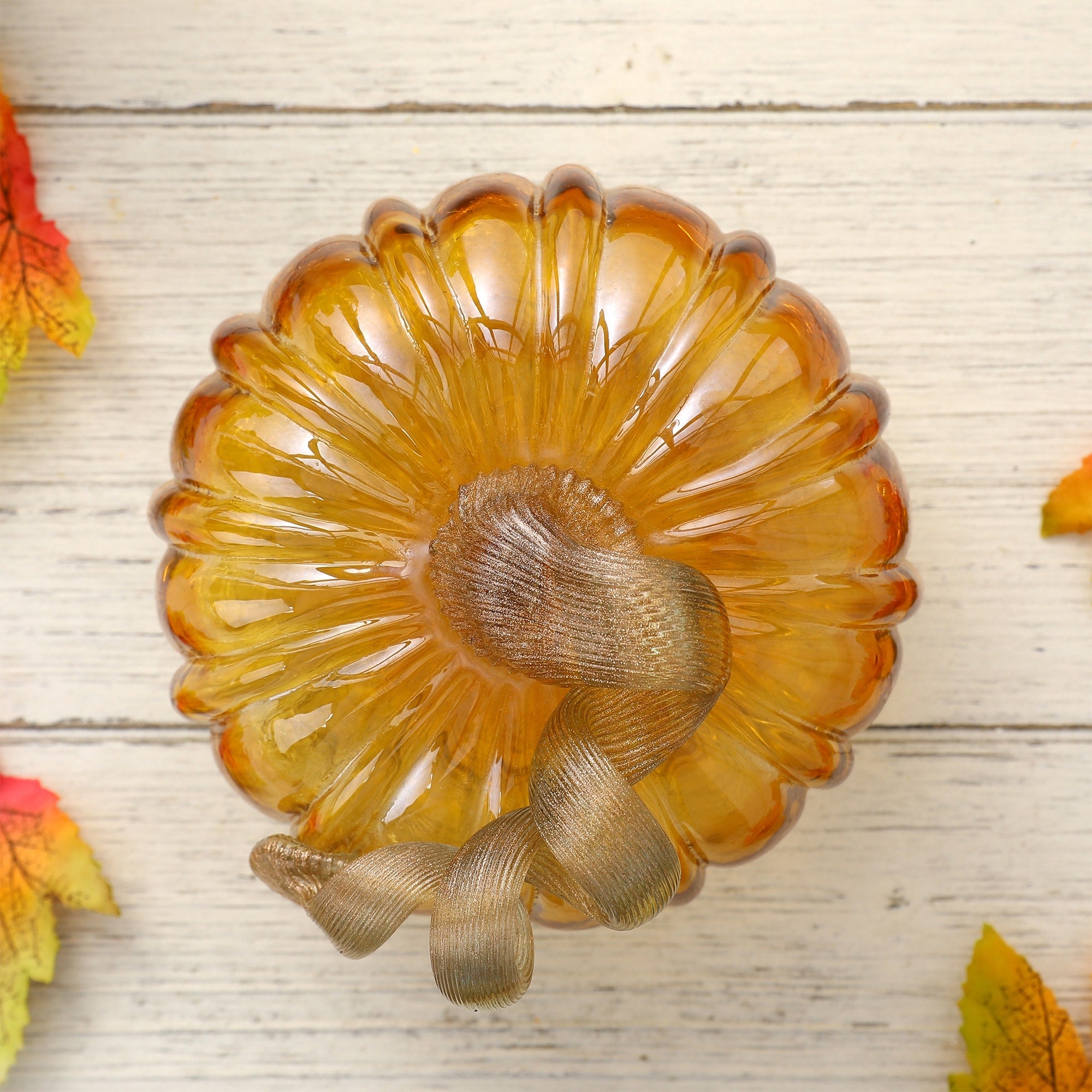 Glitzhome Amber Crackle Handblown Fall Harvest Glass Pumpkins for Thanksgiving Decor