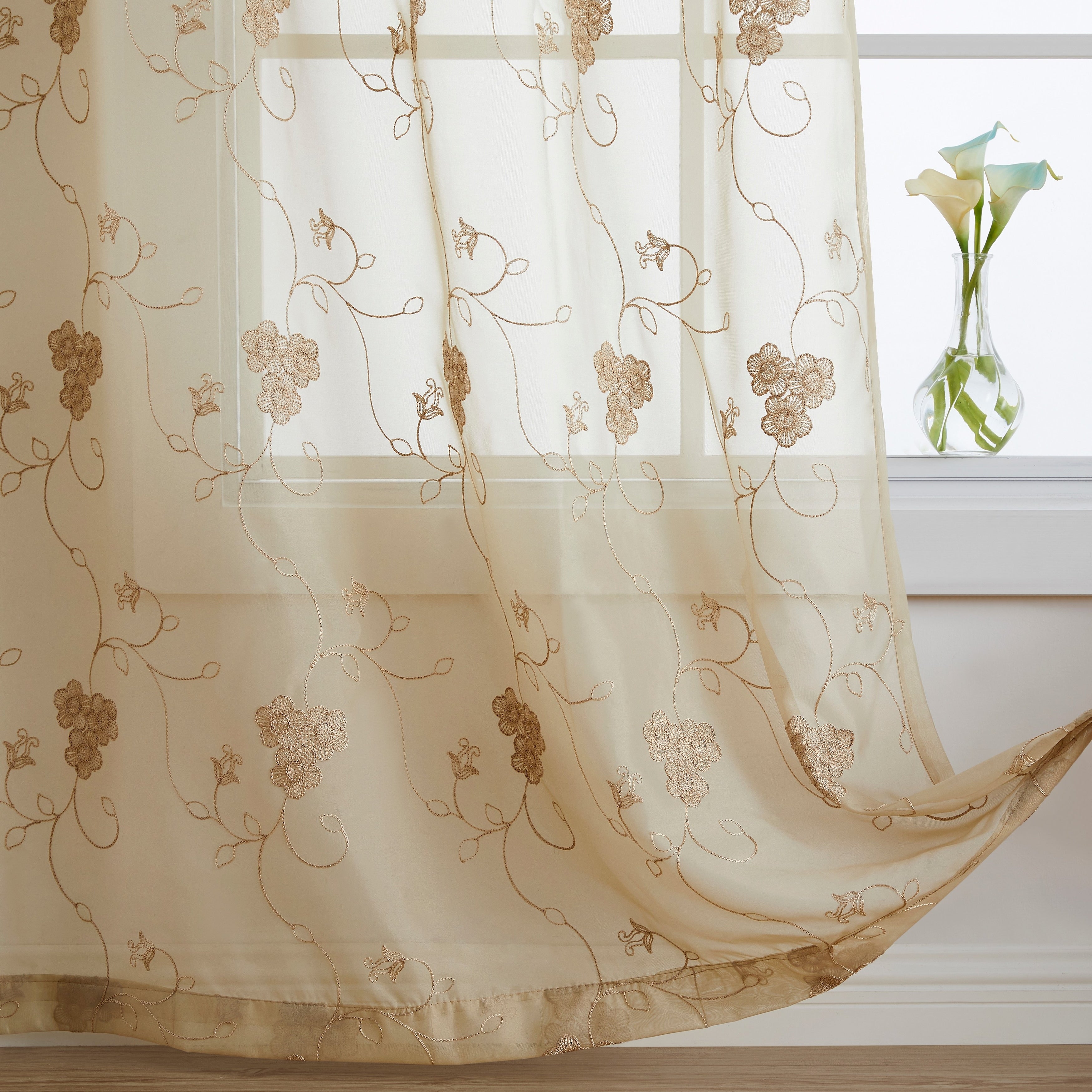 HLC.me Allegra Floral Vine Embroidered Sheer Light Filtering Window Curtain Drapery Rod Pocket Top Panels, Set of 2