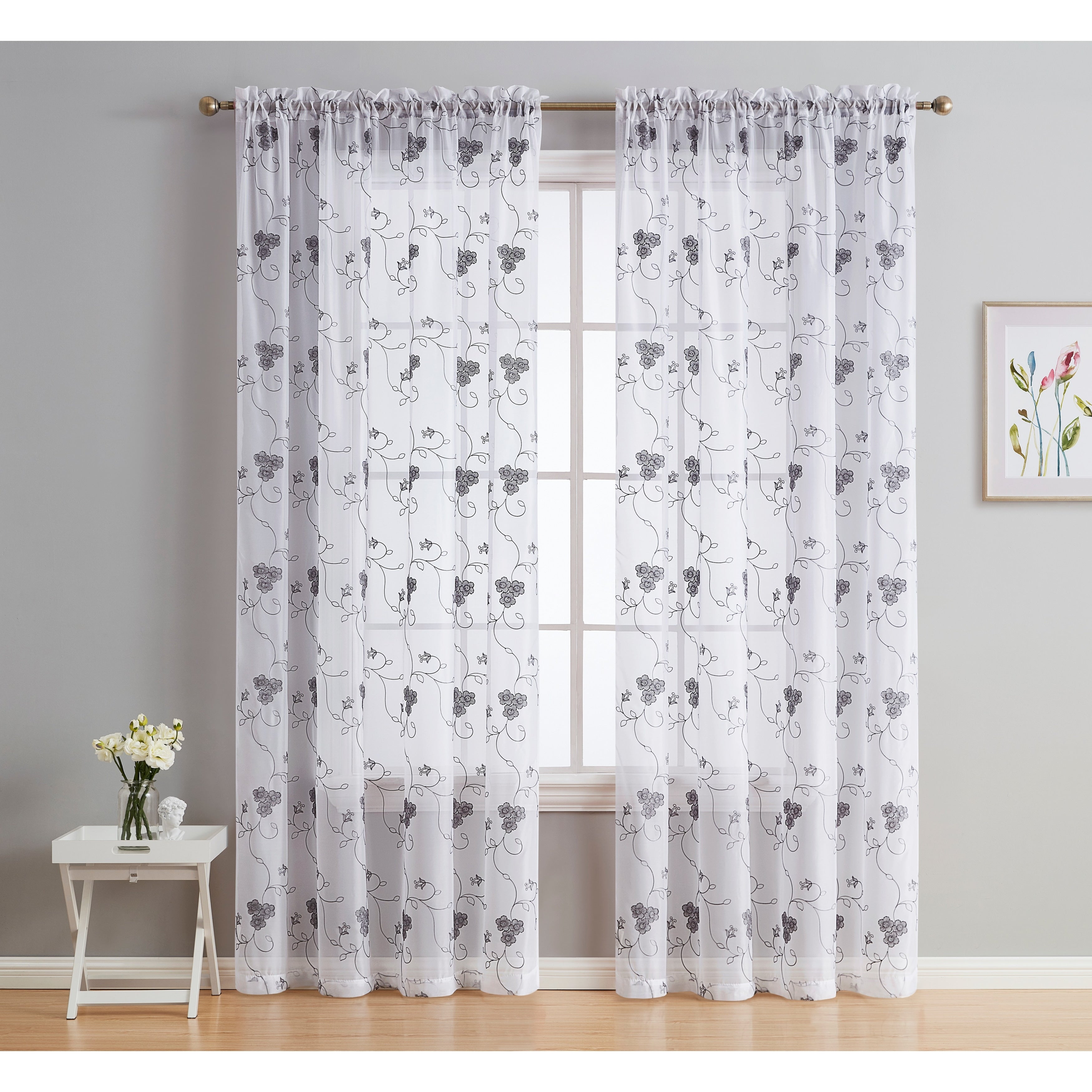 HLC.me Allegra Floral Vine Embroidered Sheer Light Filtering Window Curtain Drapery Rod Pocket Top Panels, Set of 2