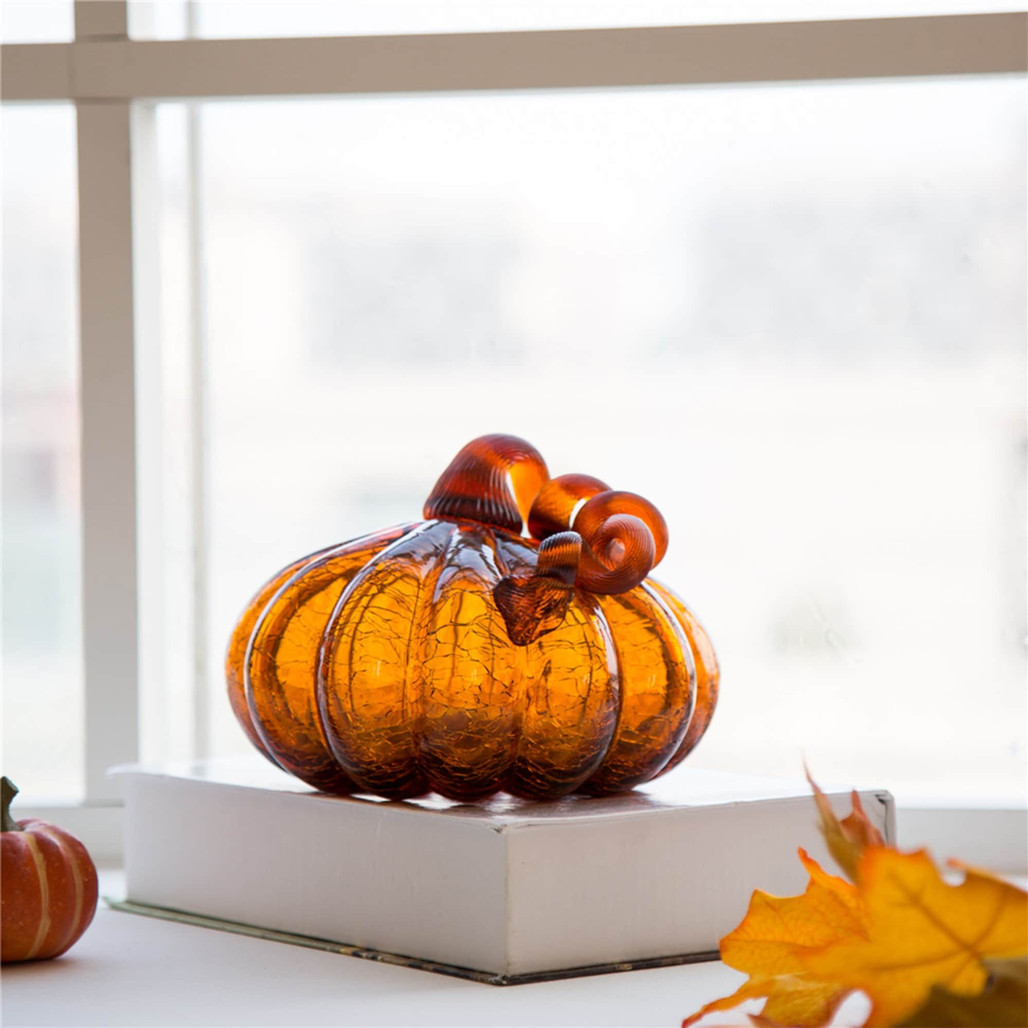 Glitzhome Amber Crackle Handblown Fall Harvest Glass Pumpkins for Thanksgiving Decor