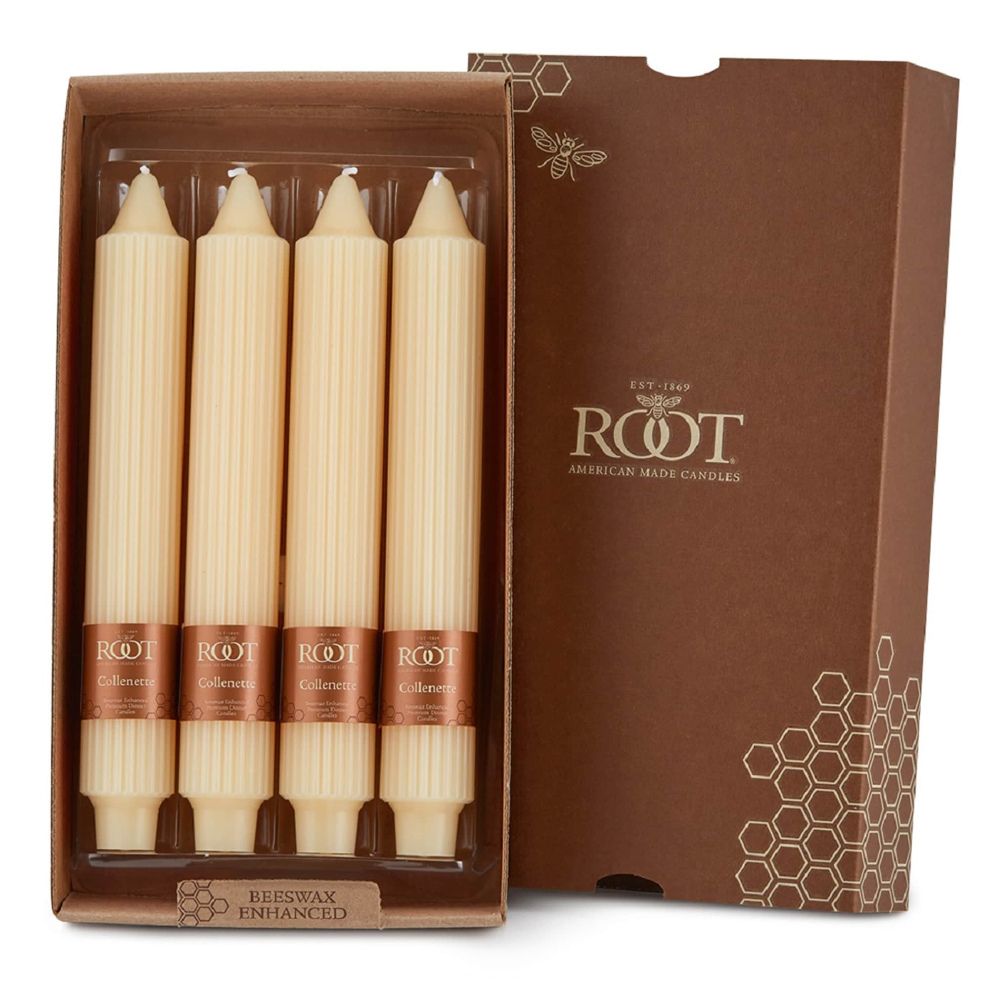 Root Unscented Grecian Collenette Taper Candles box of 4