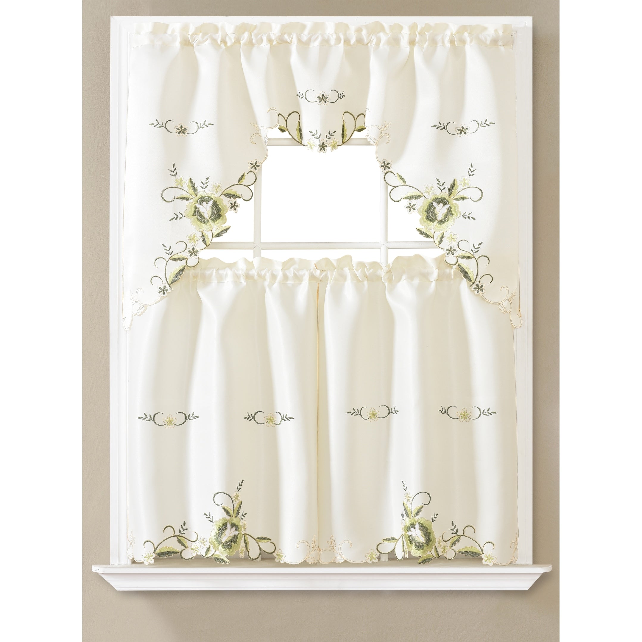 Daisy Floral Embroidered Kitchen Curtain Set with Valance & Tiers