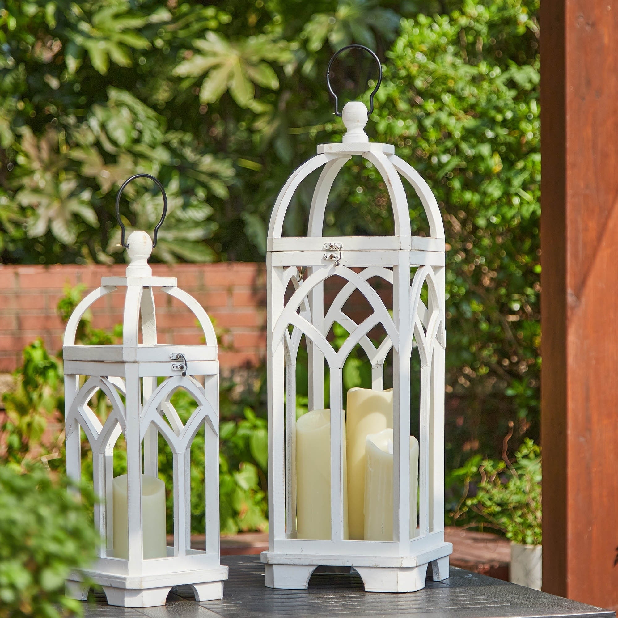 Glitzhome Set of 2 Wooden Church Style Fall Decorative Lanterns Candle Holders