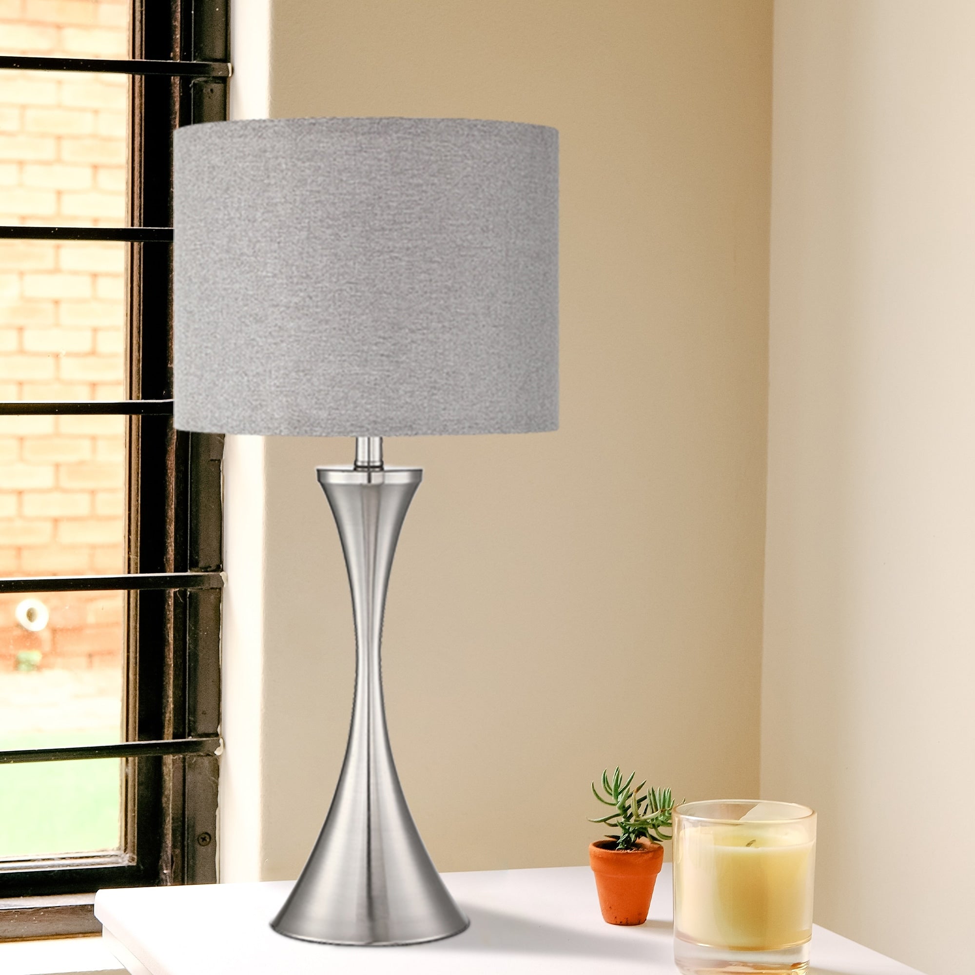 2-Pk 1-light Table Lamp with Brushed Nickel Finish and Grey Fabric Shade