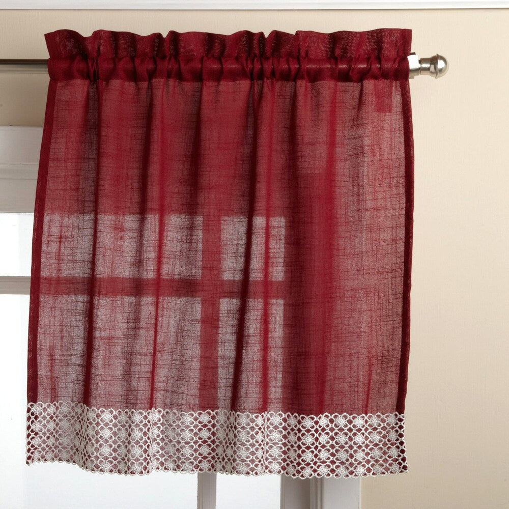 Burgundy Country Style Curtain Parts with White Daisy Lace Accent- Tier, Swag and Valances