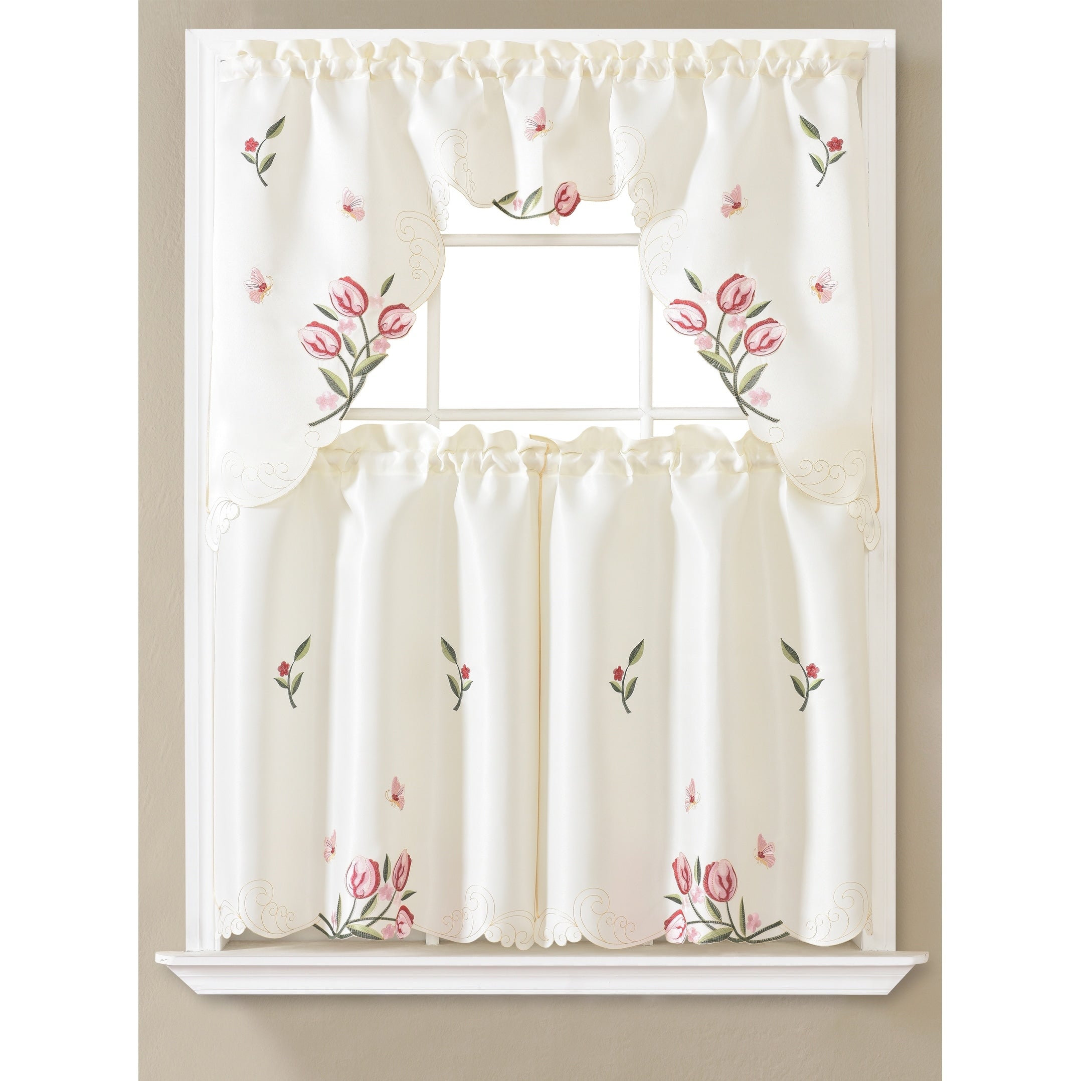 Daisy Floral Embroidered Kitchen Curtain Set with Valance & Tiers