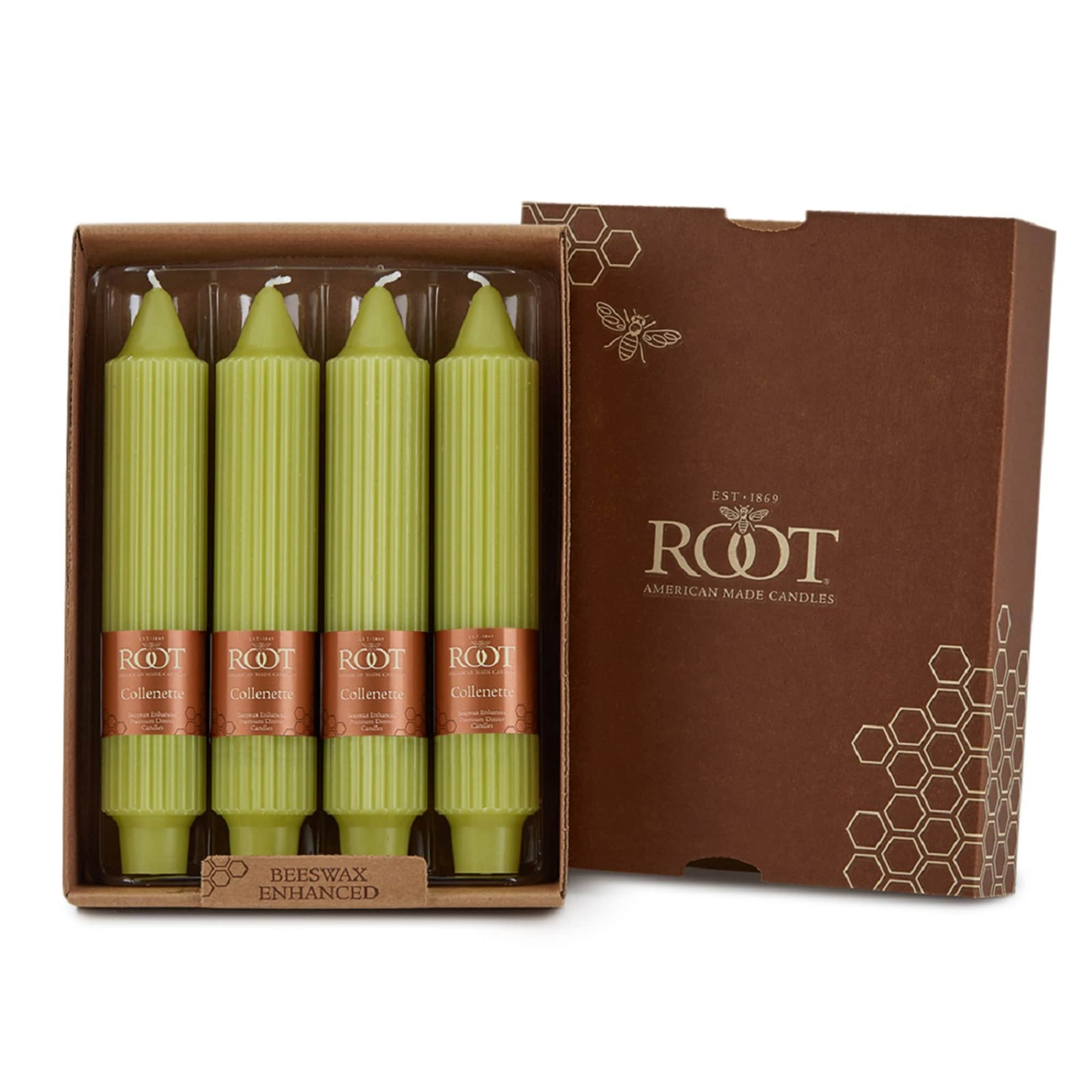 Root Unscented Grecian Collenette Taper Candles box of 4