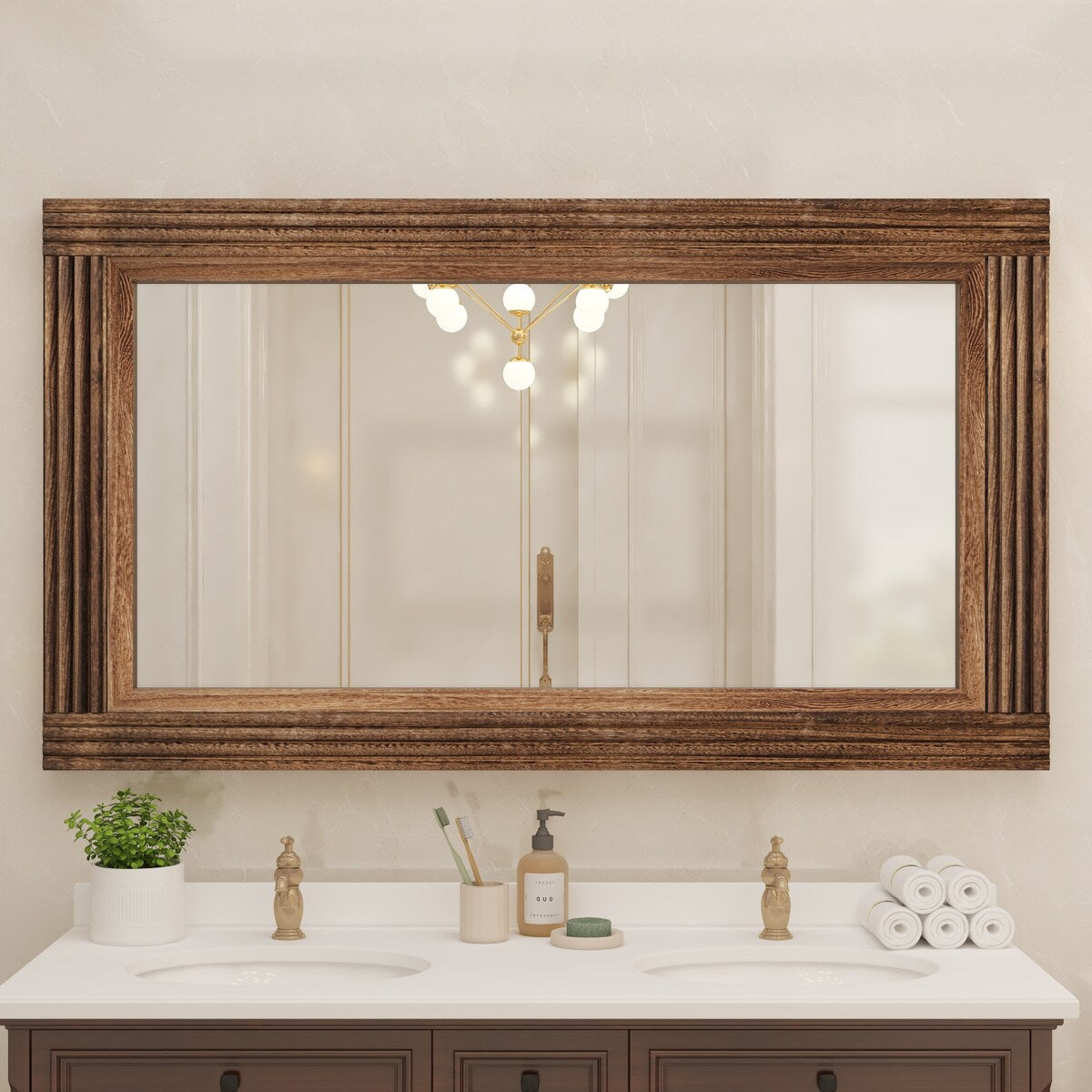 Solid Wood Frame Flat Bathroom Mirror