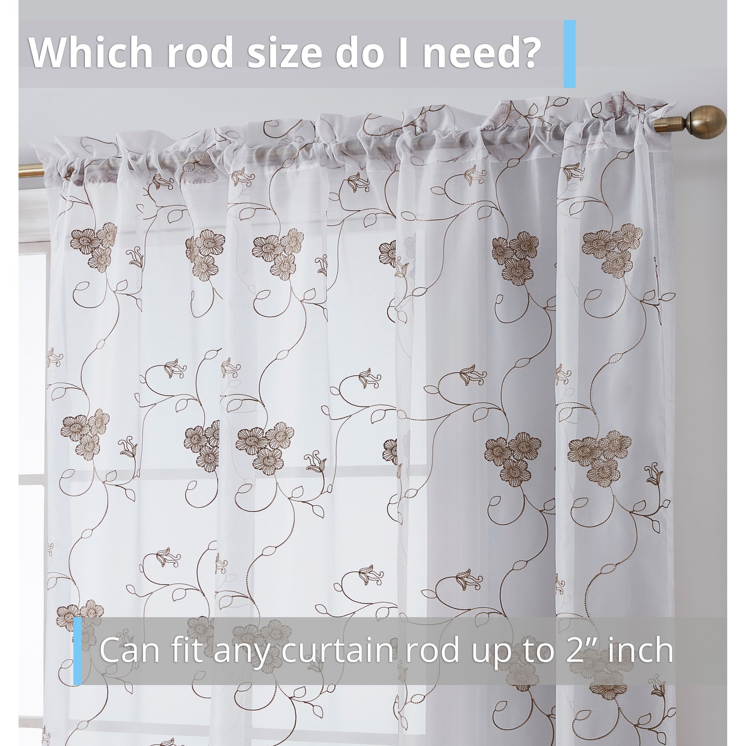 HLC.me Allegra Floral Vine Embroidered Sheer Light Filtering Window Curtain Drapery Rod Pocket Top Panels, Set of 2