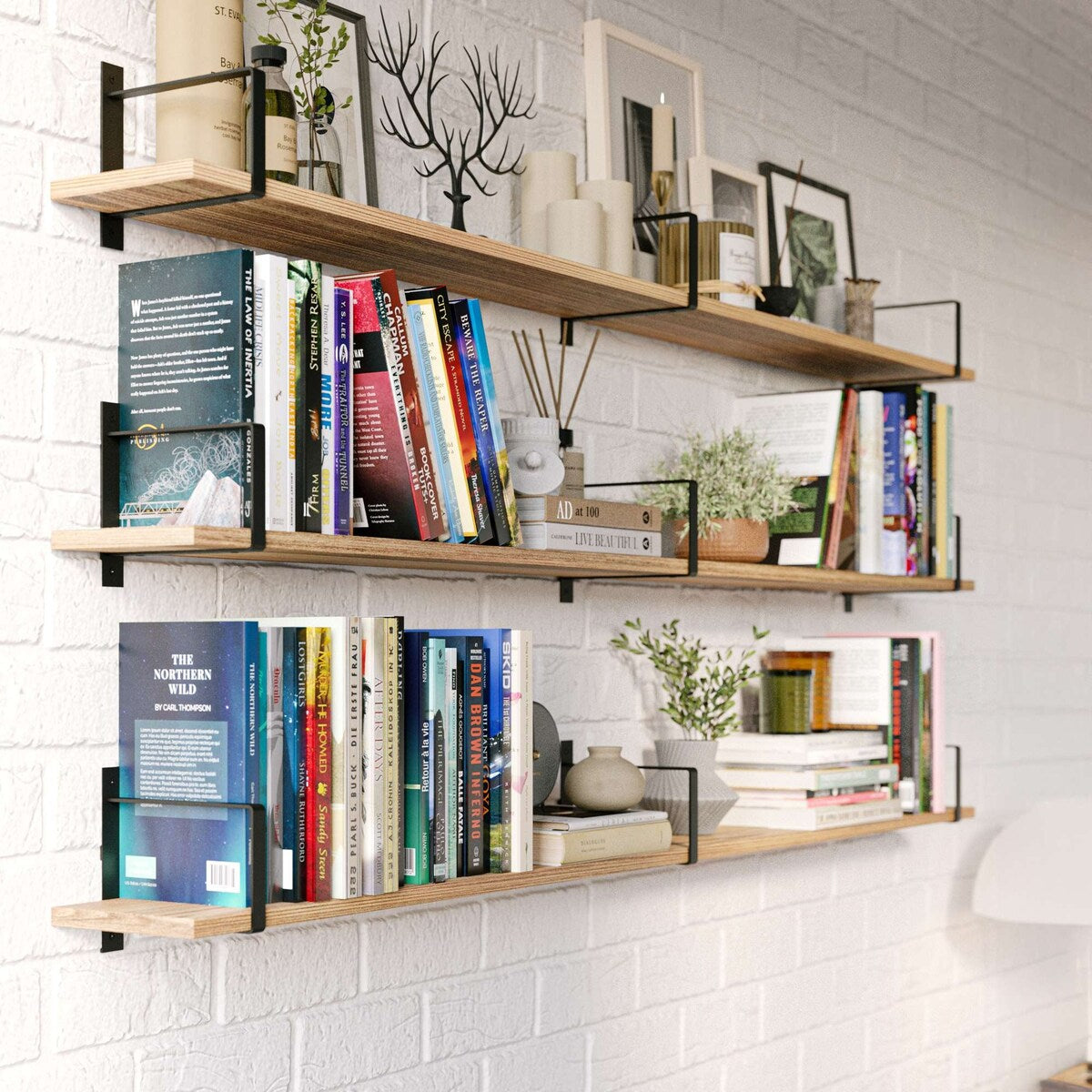 Wallniture Toledo 60x6 Floating Bookshelves for Wall, Book Shelves for Living Room, Wooden Shelves for Wall, Set of 3, Burnt