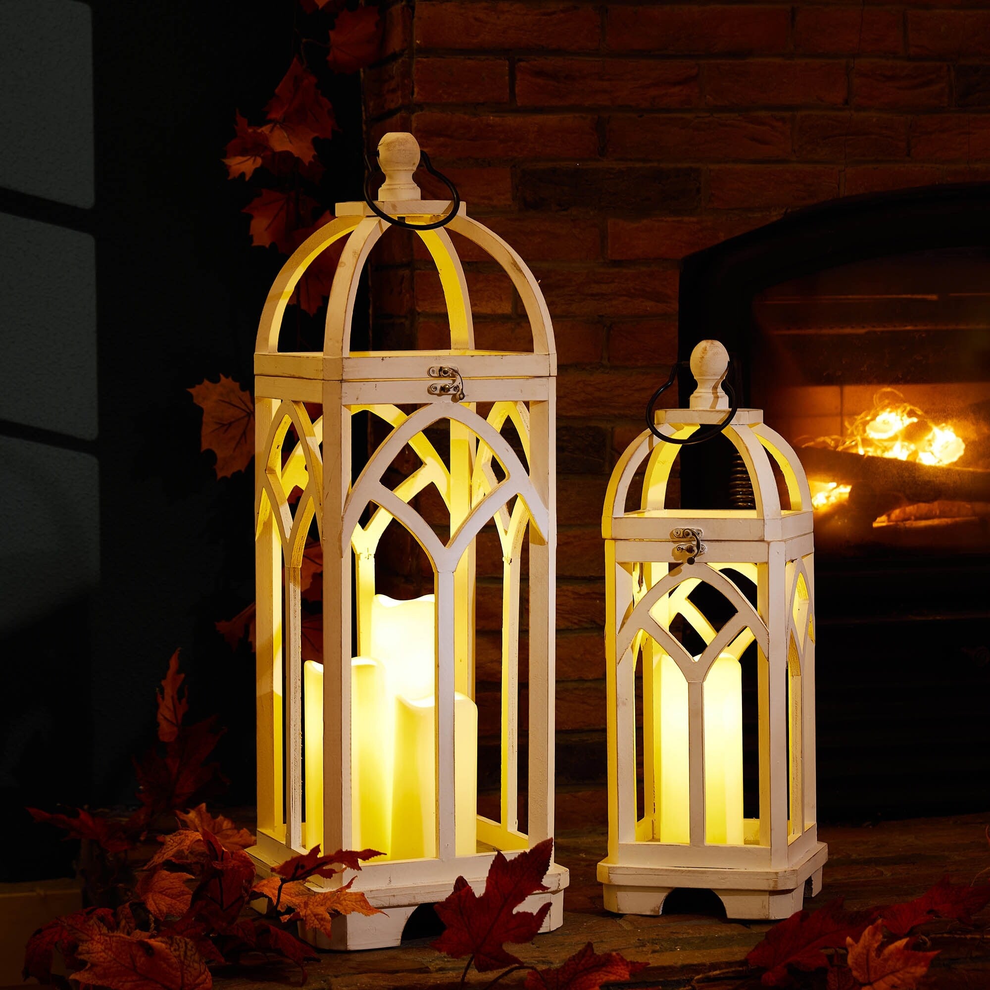 Glitzhome Set of 2 Wooden Church Style Fall Decorative Lanterns Candle Holders