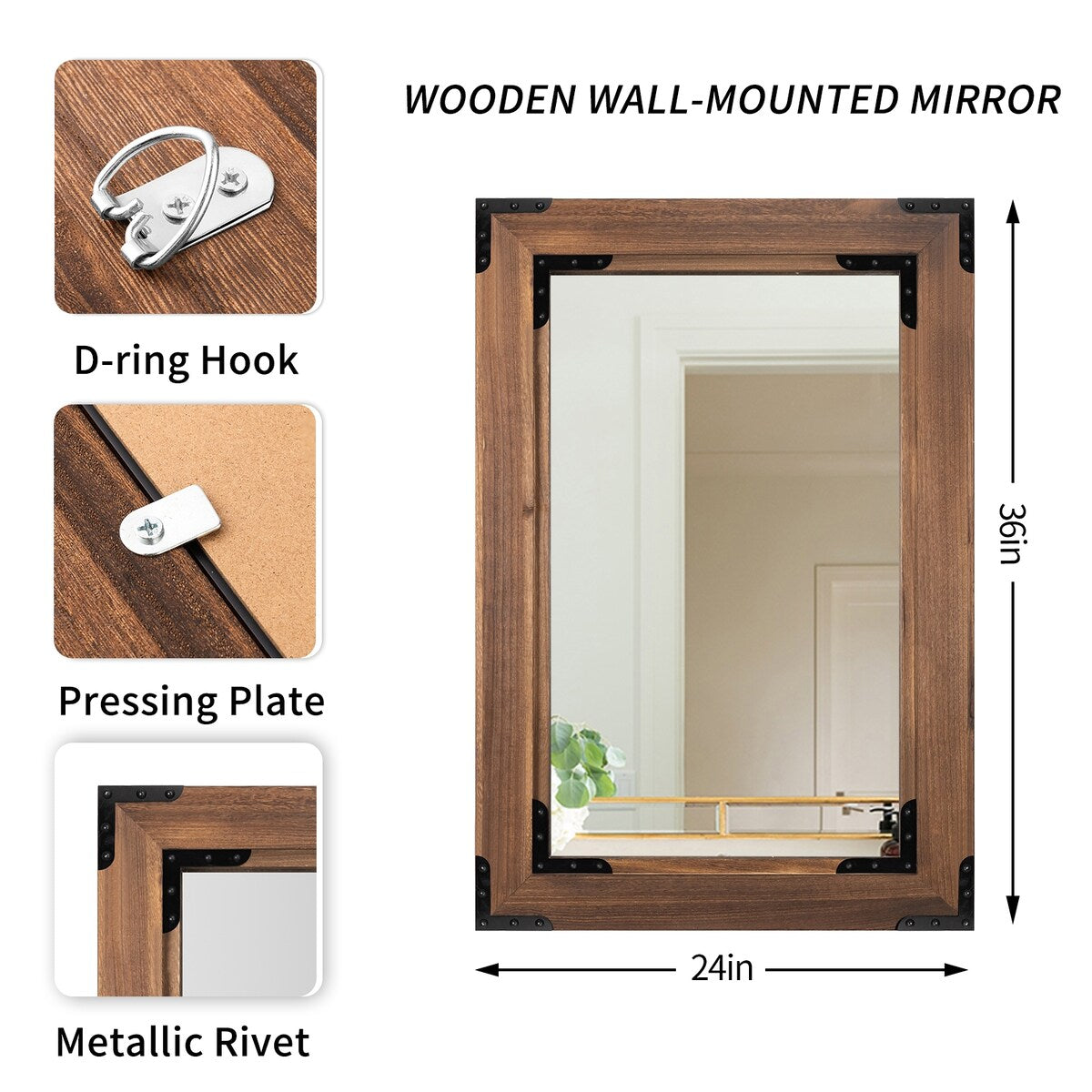 Rustic Wooden Framed Wall Mirror, Natural Wood Bathroom Vanity Mirror - Brown