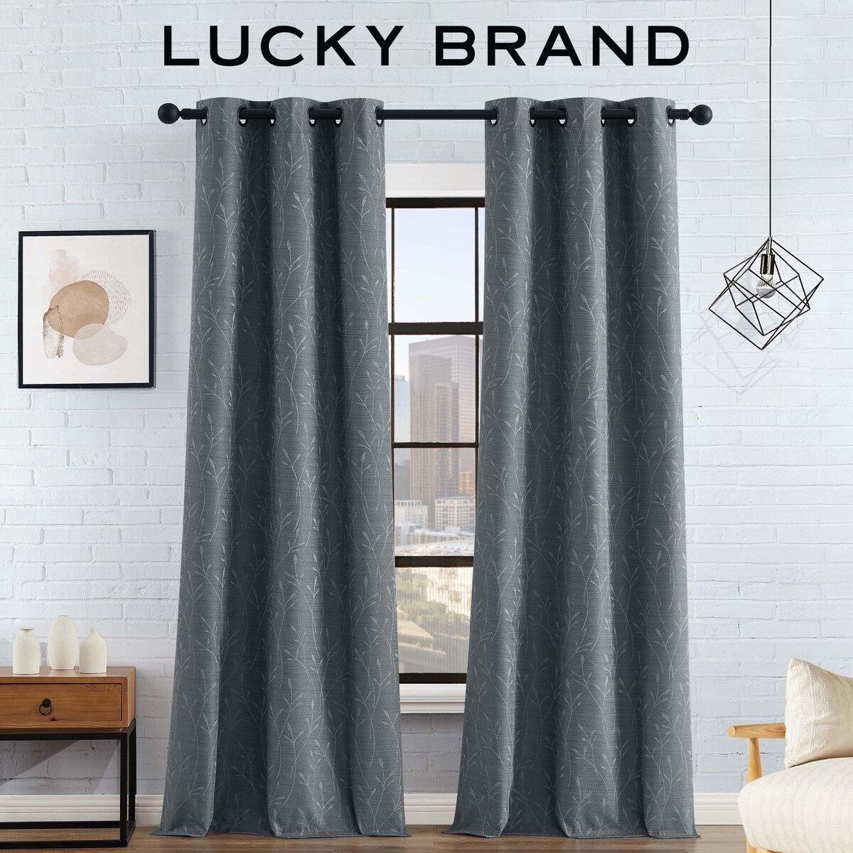 Lucky Brand Sondra Textured Leaf Pattern Blackout Grommet Window Curtain Panel Pair with Tiebacks