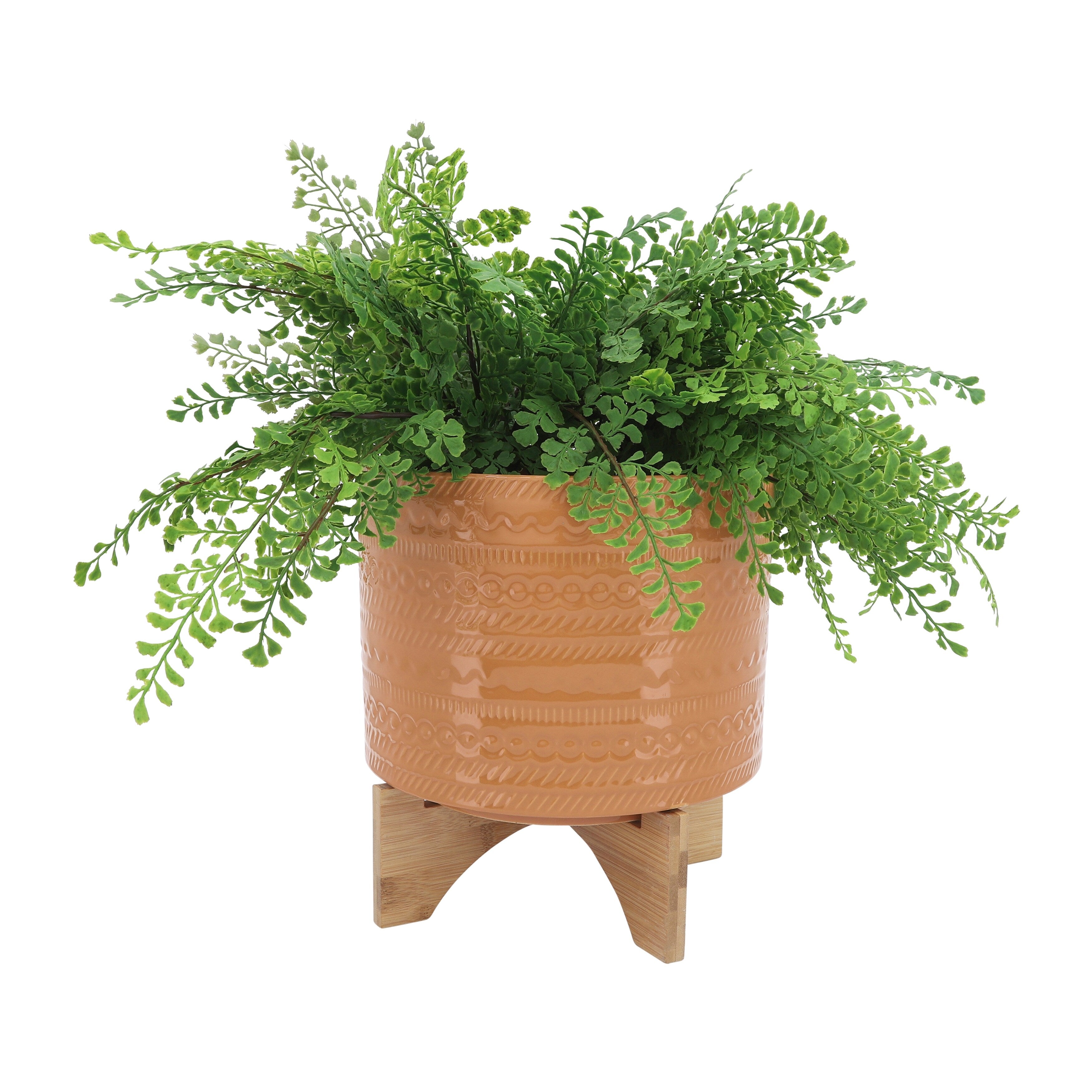 Sagebrook Home Tribal Ceramic Planter Pot with Natural Wood Stand