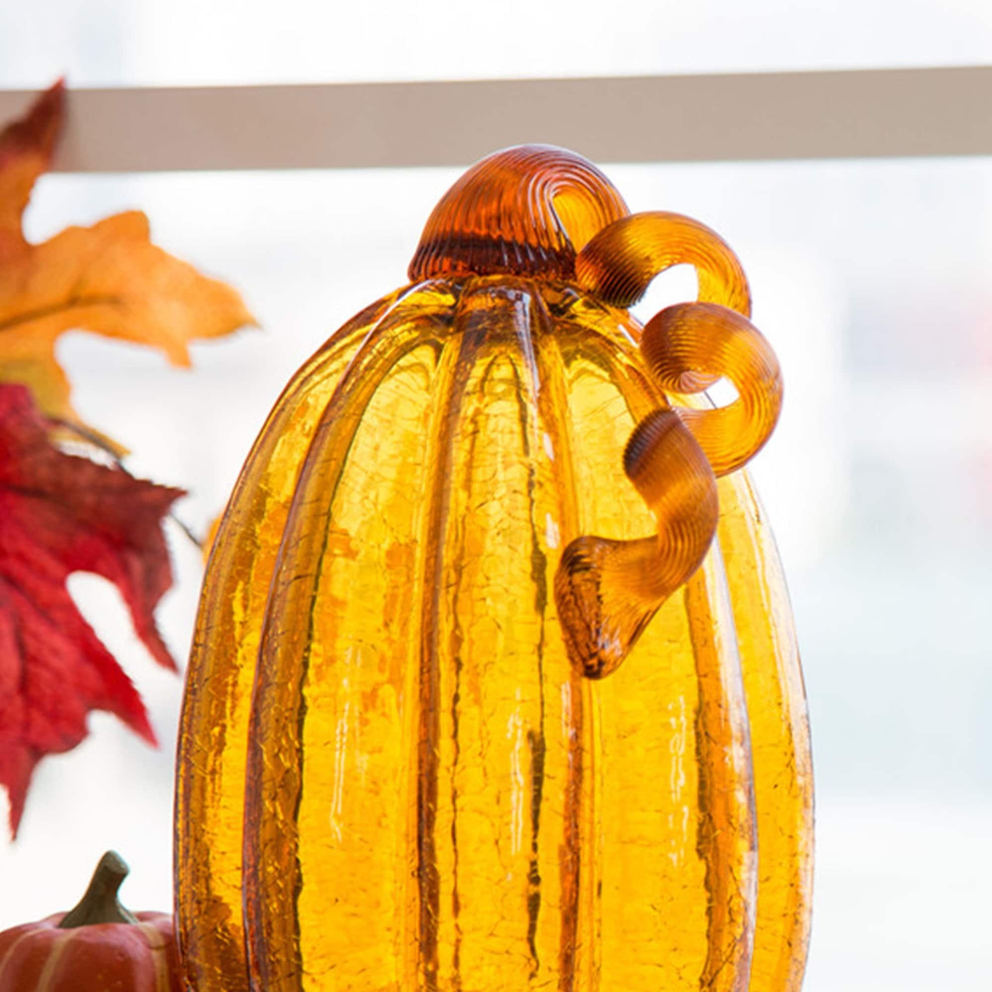 Glitzhome Amber Crackle Handblown Fall Harvest Glass Pumpkins for Thanksgiving Decor