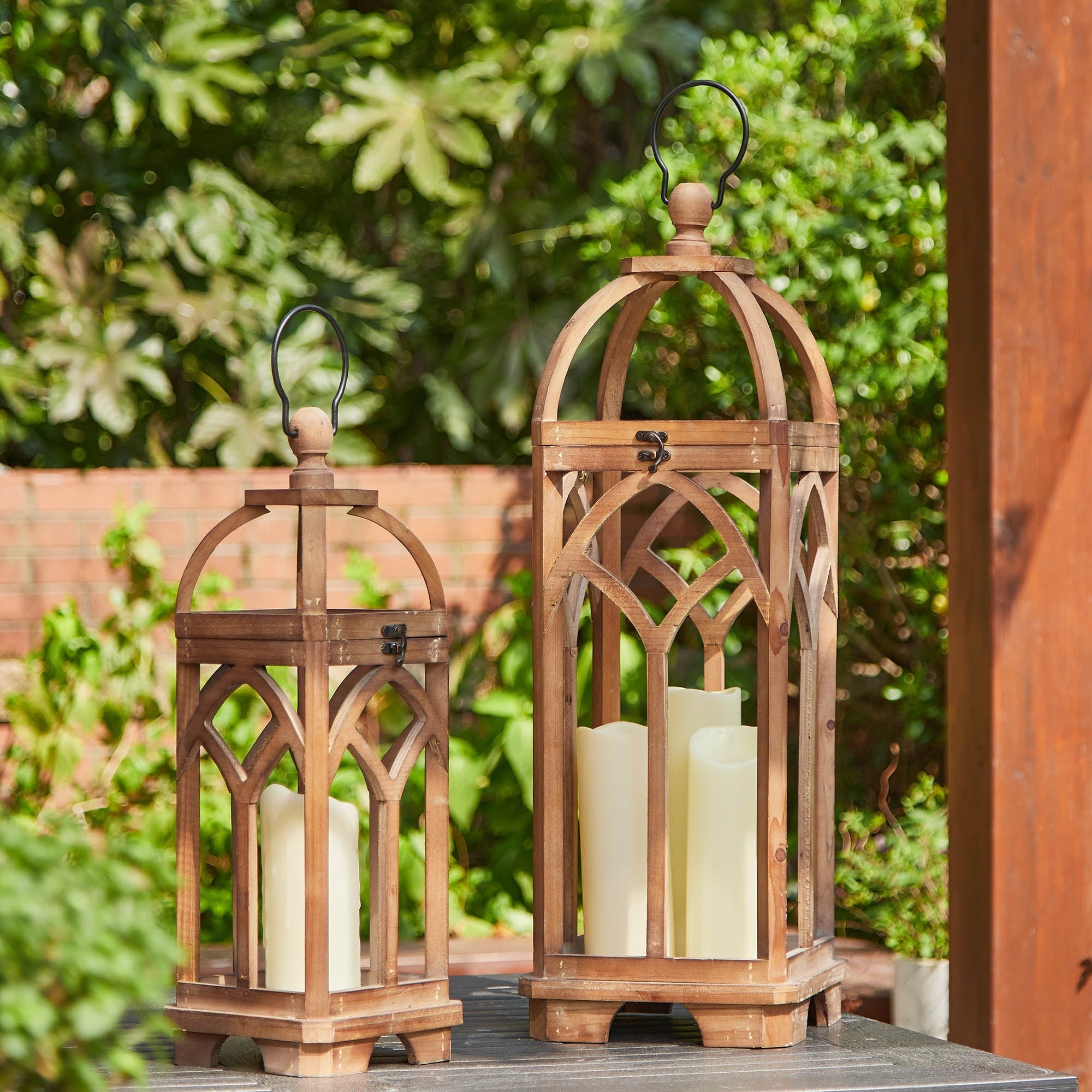 Glitzhome Set of 2 Wooden Church Style Fall Decorative Lanterns Candle Holders