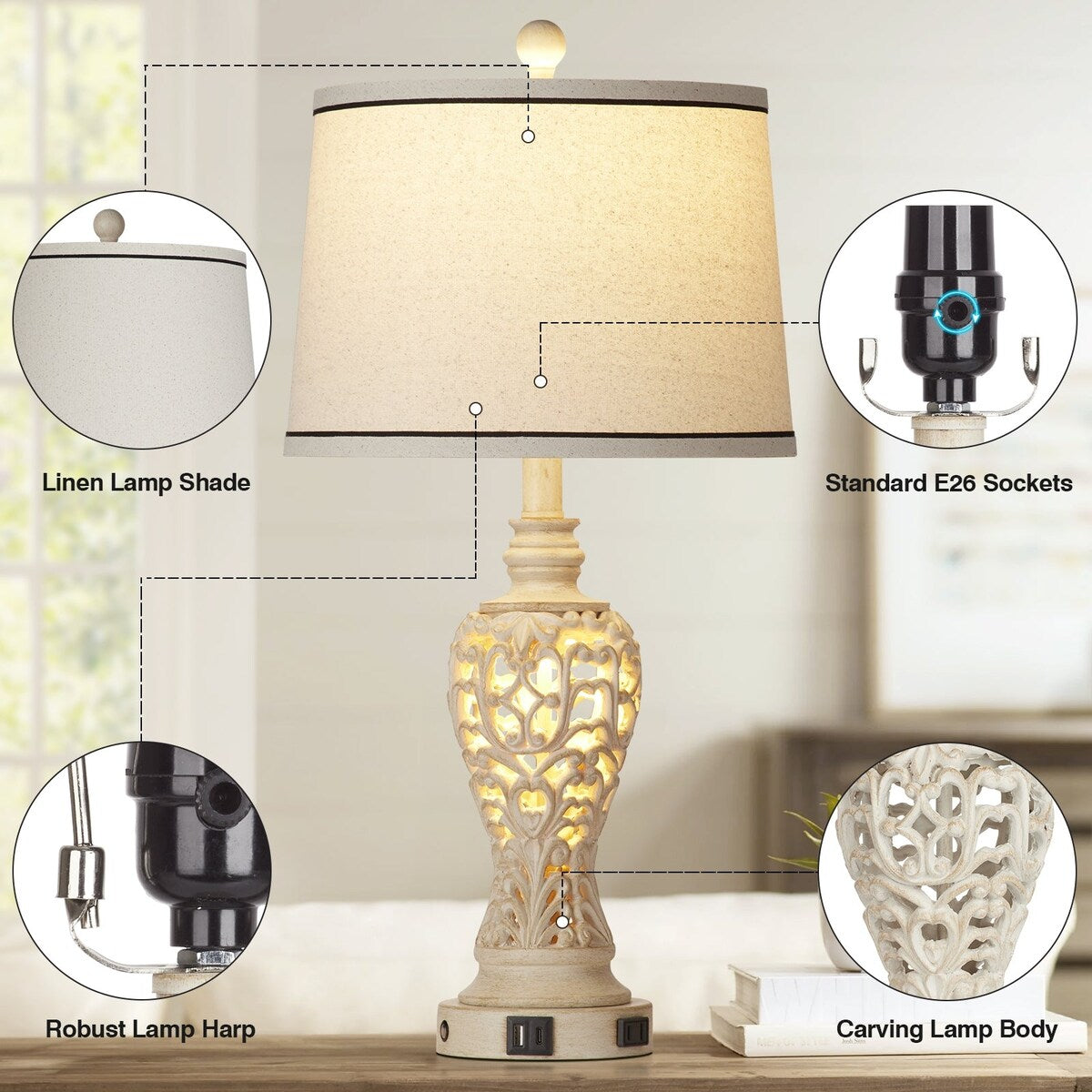 Resin Nightlight Table Lamp 2in1 with USB Charging Port & Type-C Charging Port & AC Outlet 2 Independent Switches (Set of 2)