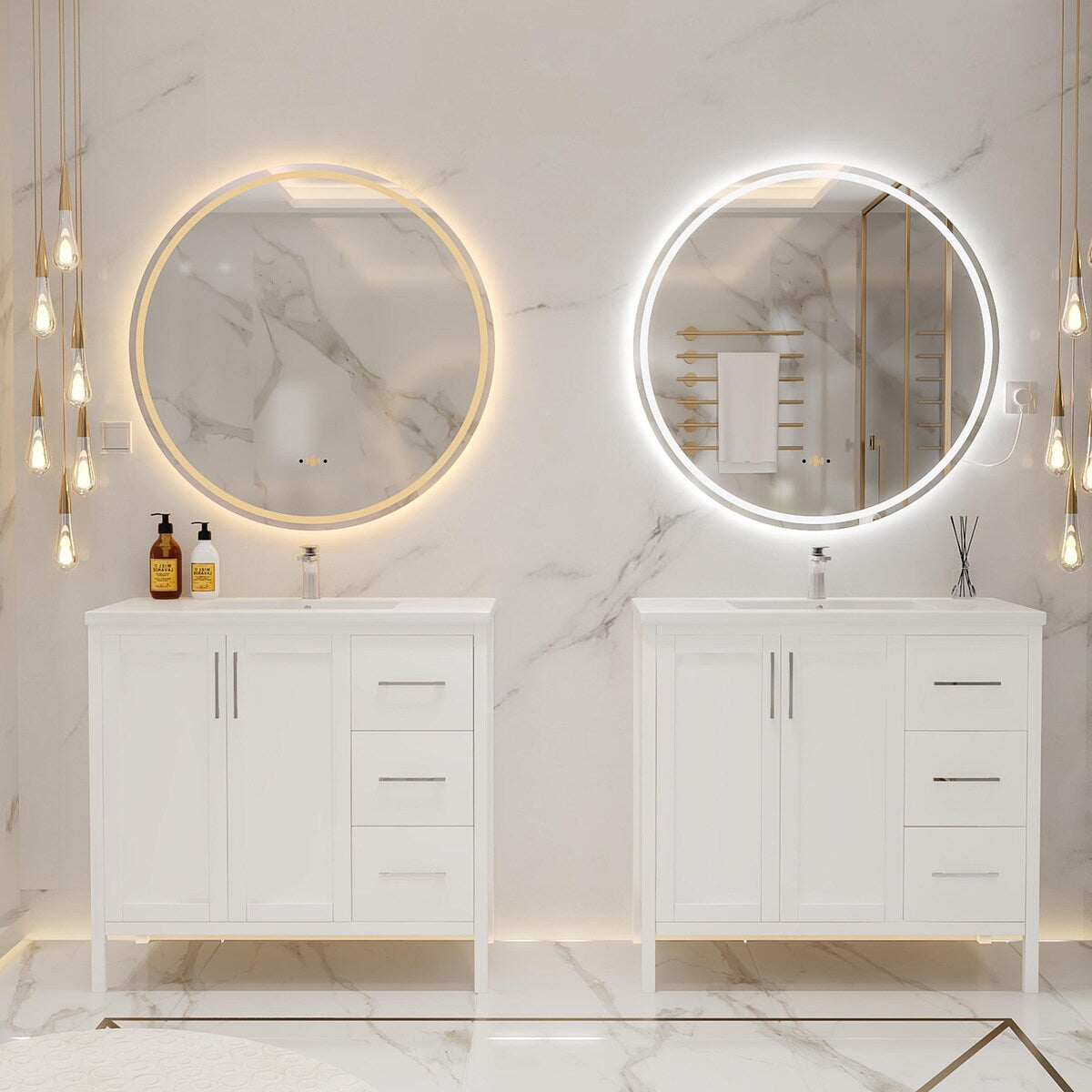 Round Smart LED Bathroom Mirror, 24''/30''/36'' Lighted Wall Mounted Vanity Mirror, Anti-fog, Frameless,Three Color, Dimmable