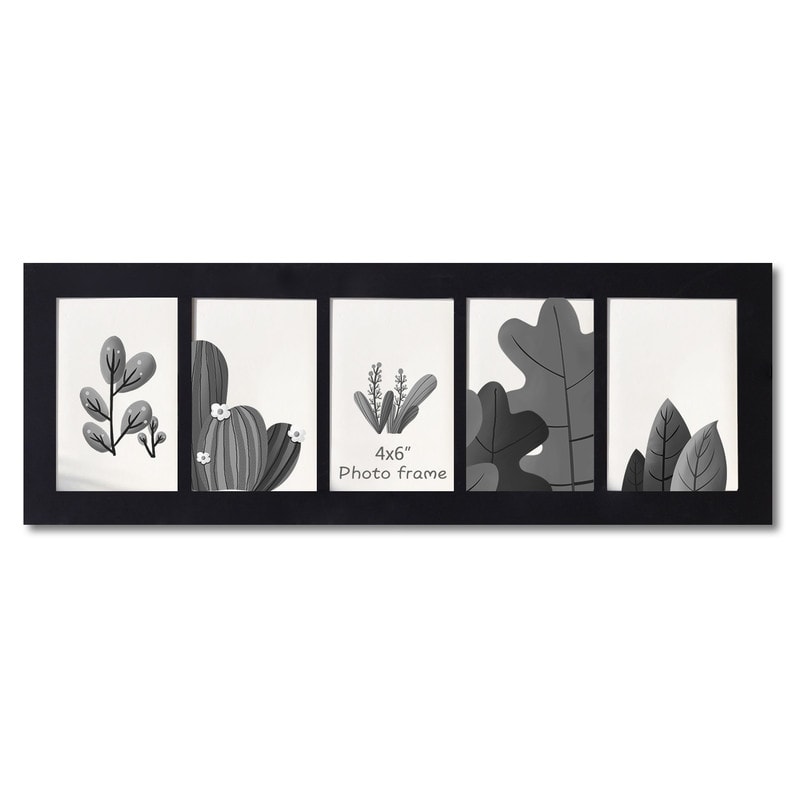 Adeco Decorative Black Wood Wall Hanging Picture Frame with 5 Divided 4x6-inch Openings