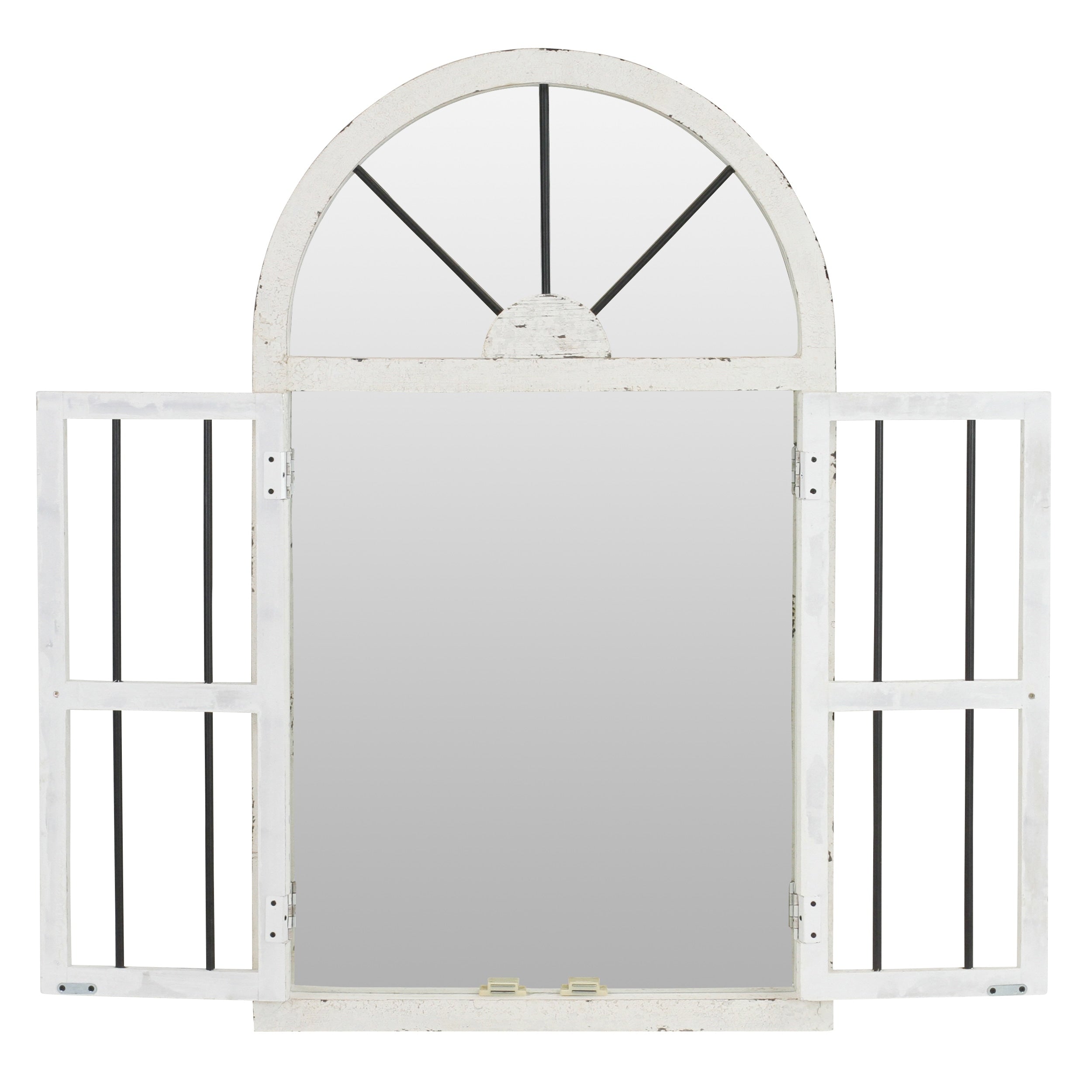 Distressed White Wood Arched Window Wall Mirror, 25 x 42