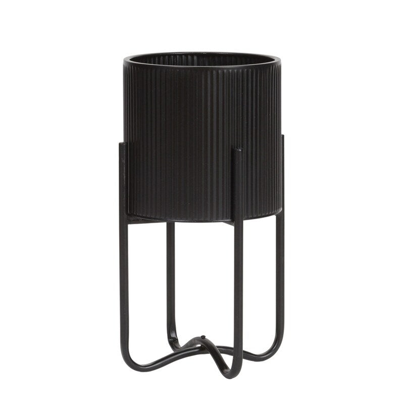 Everett Black Mid-Century Modern Indoor Metal Pot Planter with Tall Metal Base