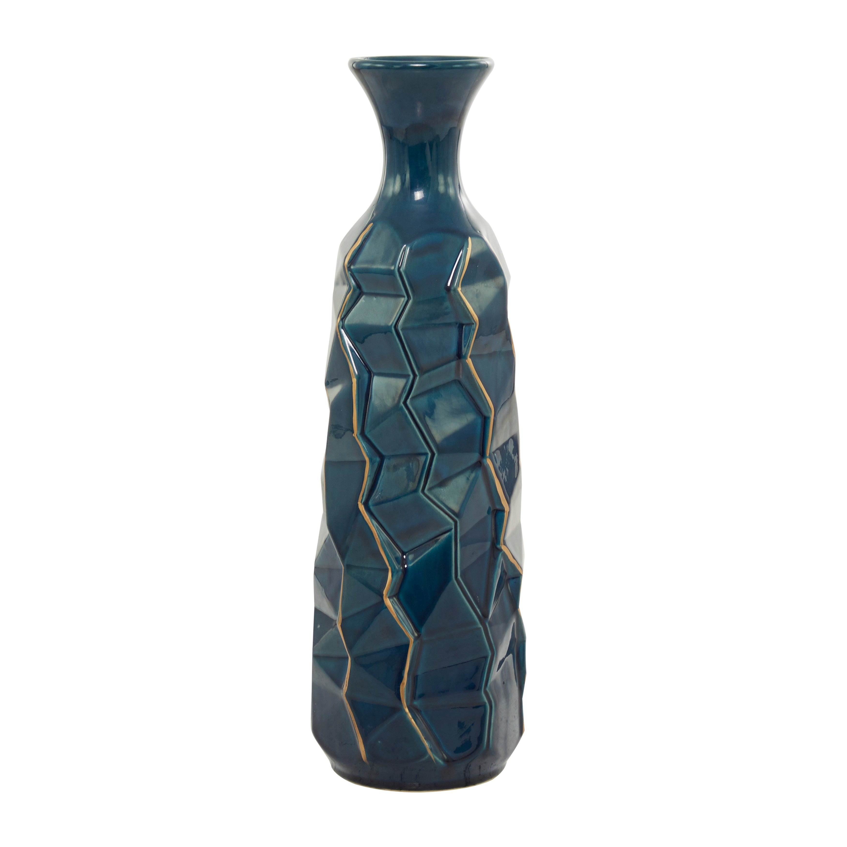 Ceramic Faceted Vase with Gold Accents - Teal - Roche River Decor