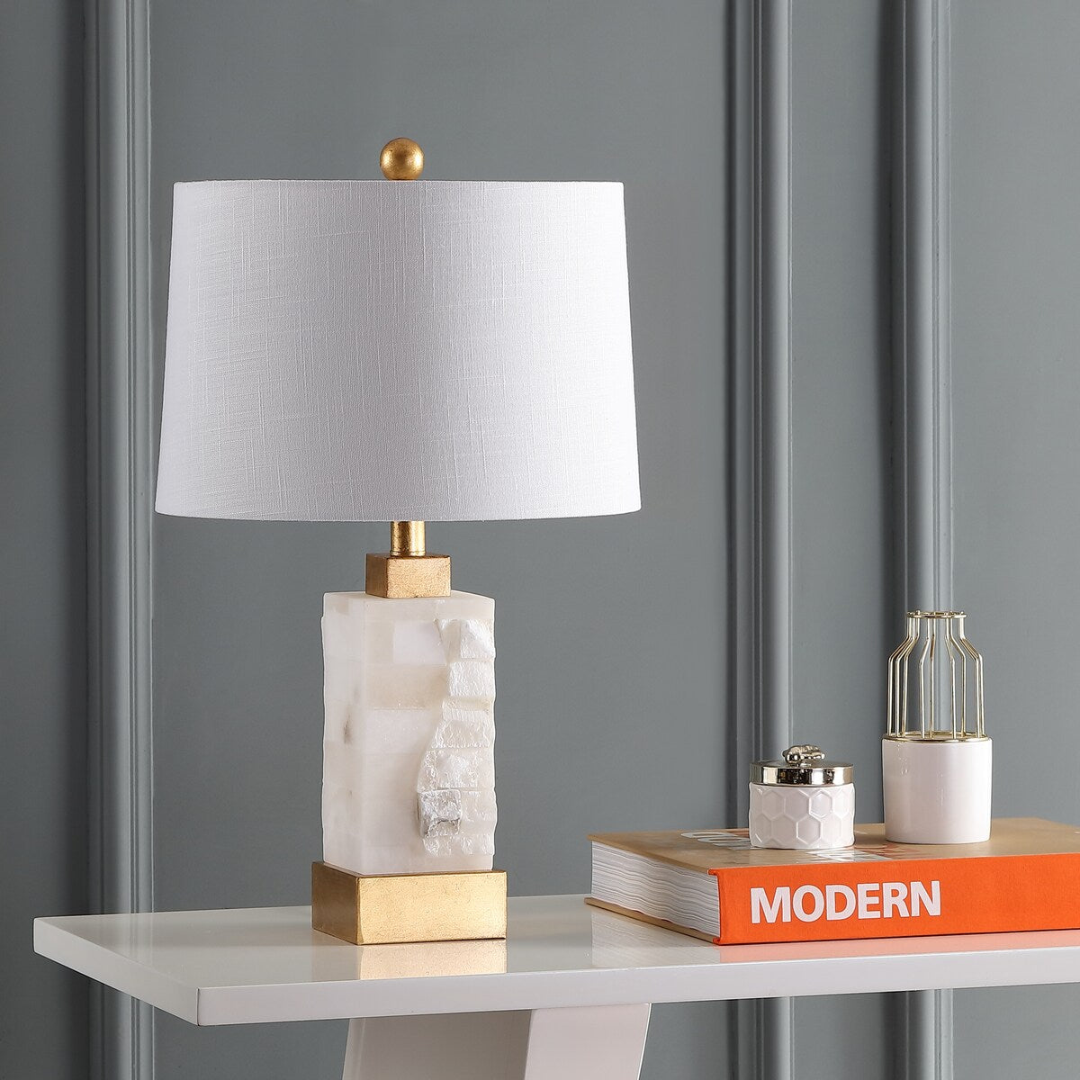 Eliza 23 Alabaster/Metal LED Table Lamp, White/Gold Leaf by JONATHAN Y