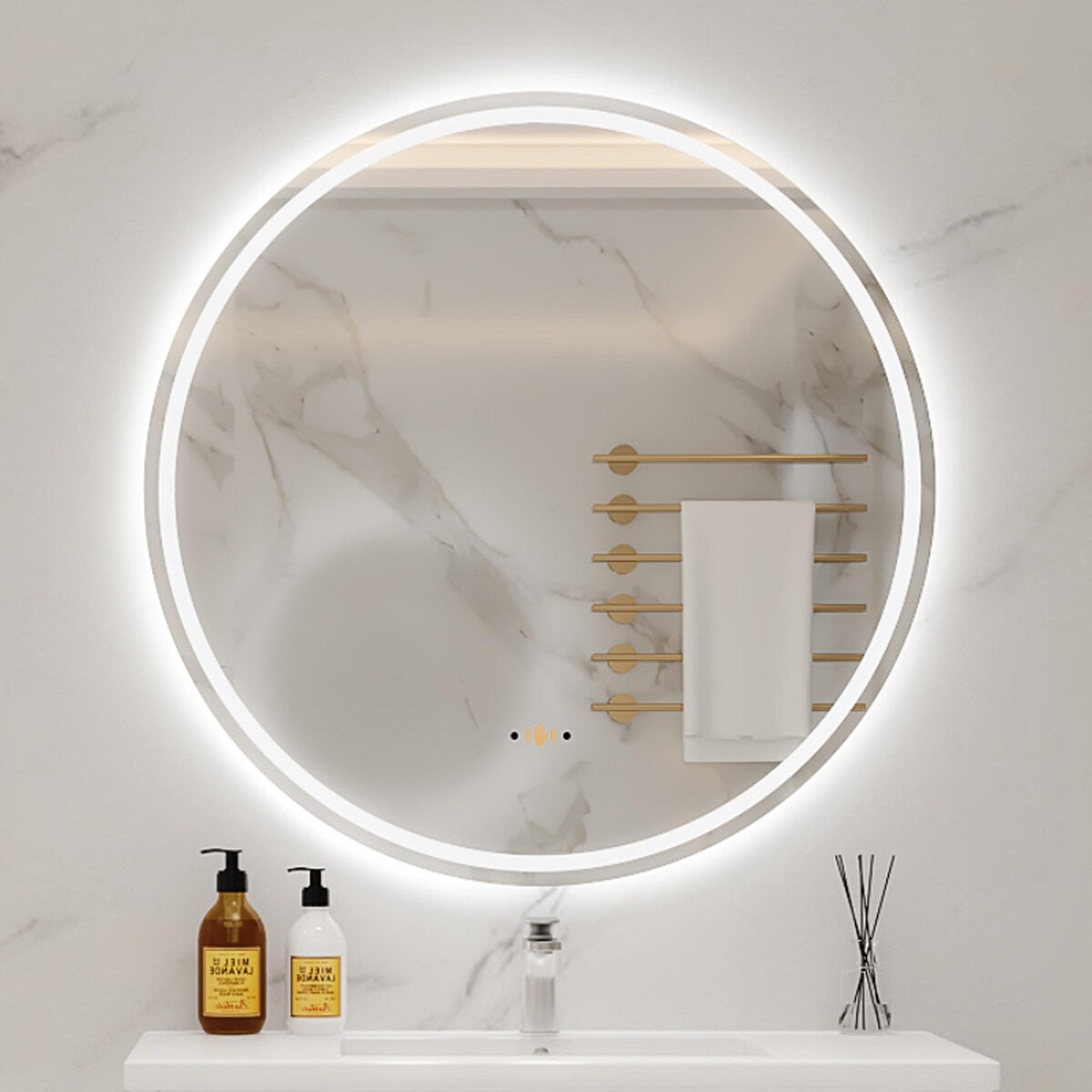 Round Smart LED Bathroom Mirror, 24''/30''/36'' Lighted Wall Mounted Vanity Mirror, Anti-fog, Frameless,Three Color, Dimmable