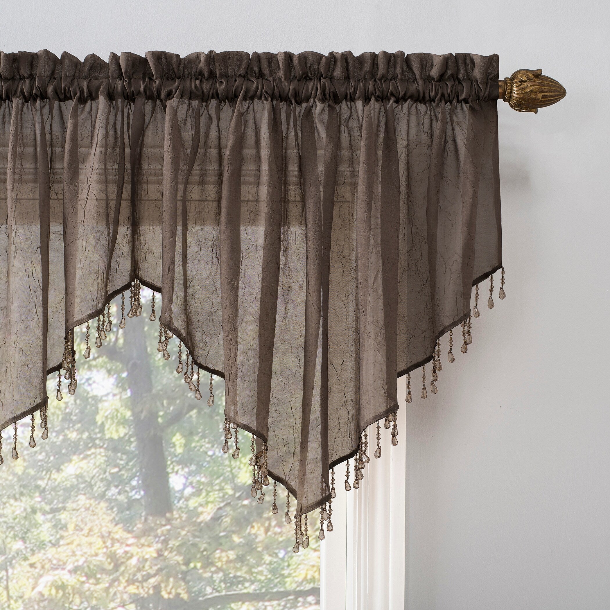 No. 918 Erica Crushed Voile Ascot Beaded Sheer Rod Pocket 1-Piece Curtain Valance