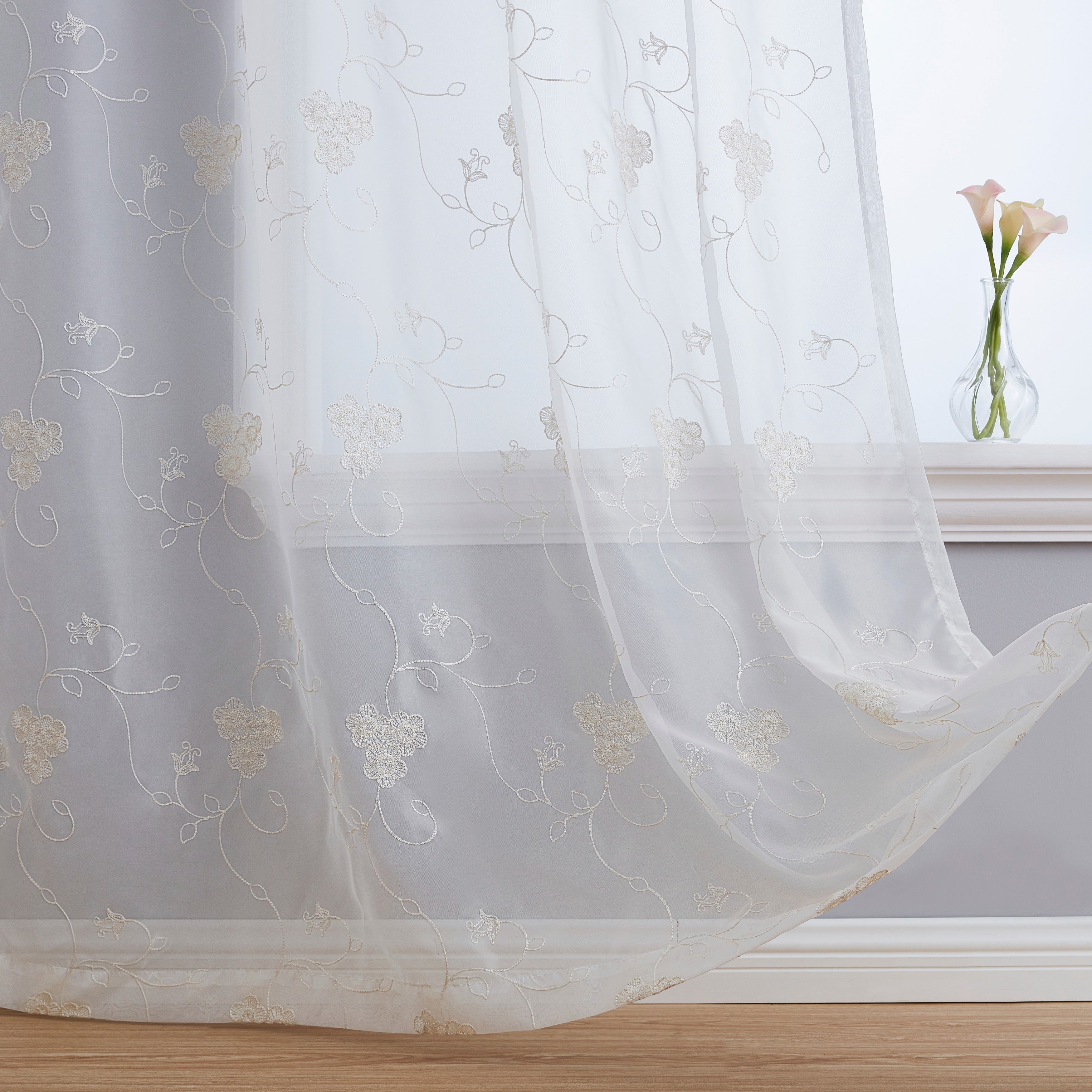 HLC.me Allegra Floral Vine Embroidered Sheer Light Filtering Window Curtain Drapery Rod Pocket Top Panels, Set of 2