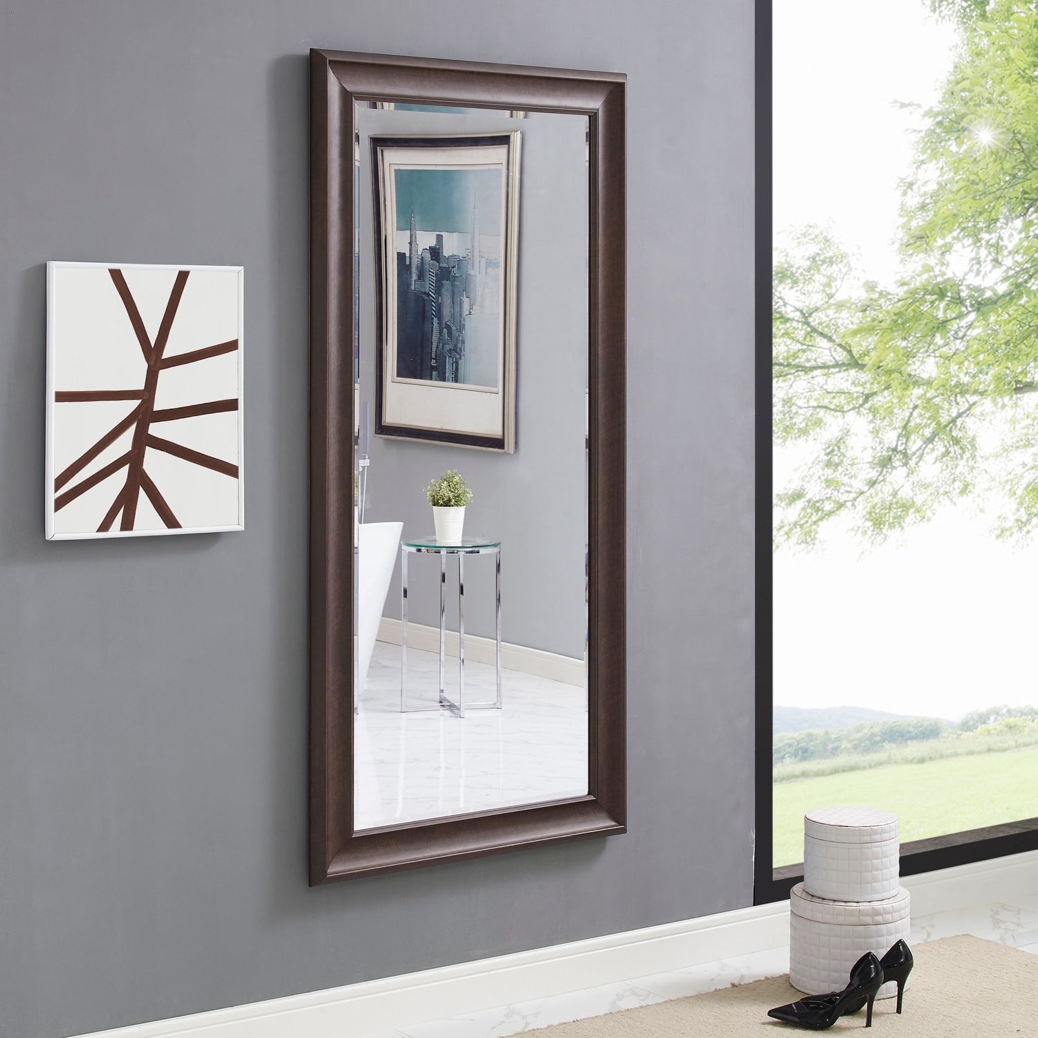 Tall Mirror Full Body Oversized Mirror Smooth Faux Wood Frame Rectangle Wall Mounted Hanging Mirror