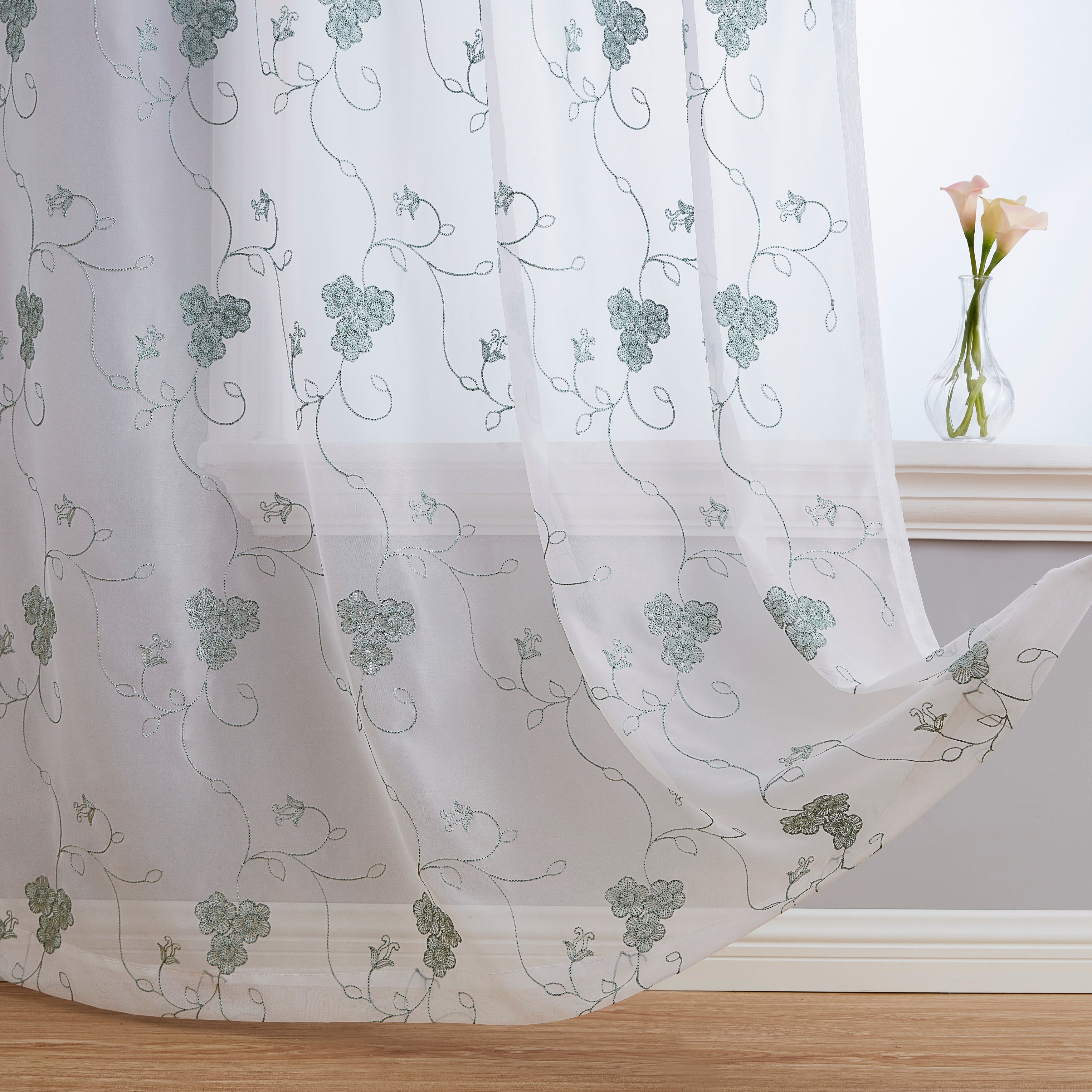 HLC.me Allegra Floral Vine Embroidered Sheer Light Filtering Window Curtain Drapery Rod Pocket Top Panels, Set of 2