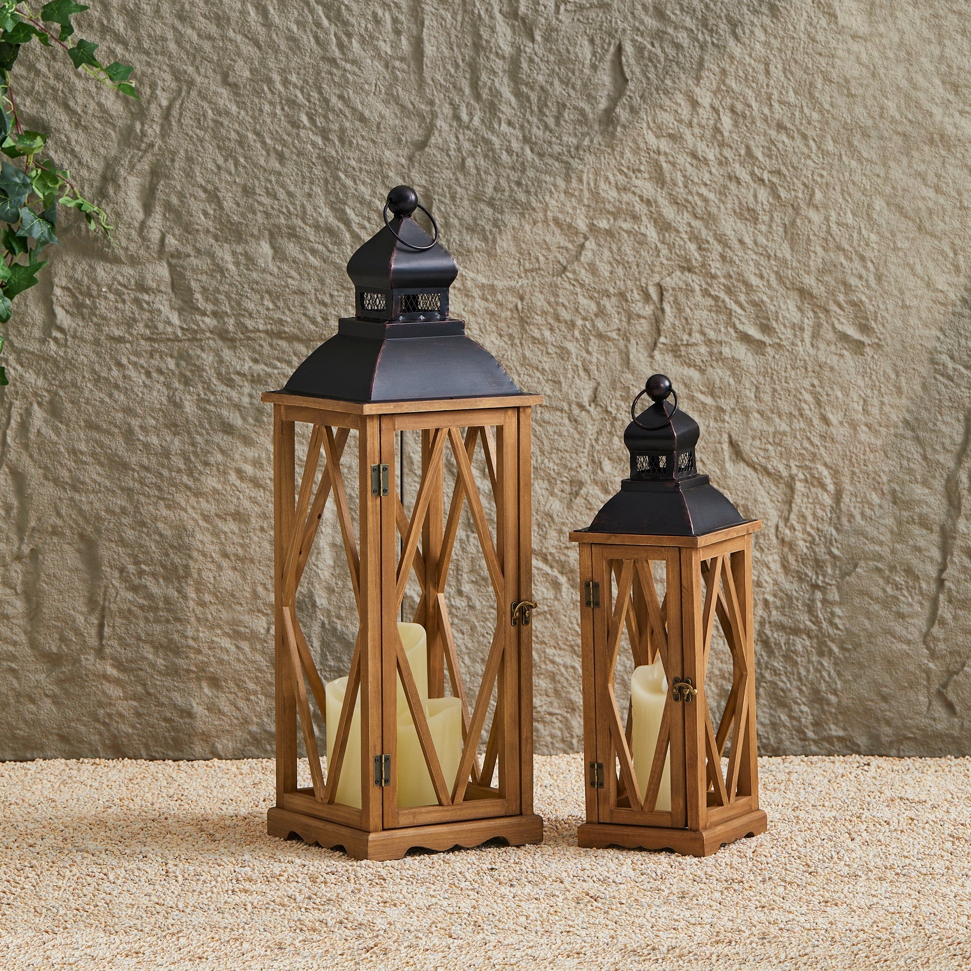 Glitzhome 2-Piece Oversize Farmhouse Wood/ Metal Hanging Candle Holders Decorative Lanterns