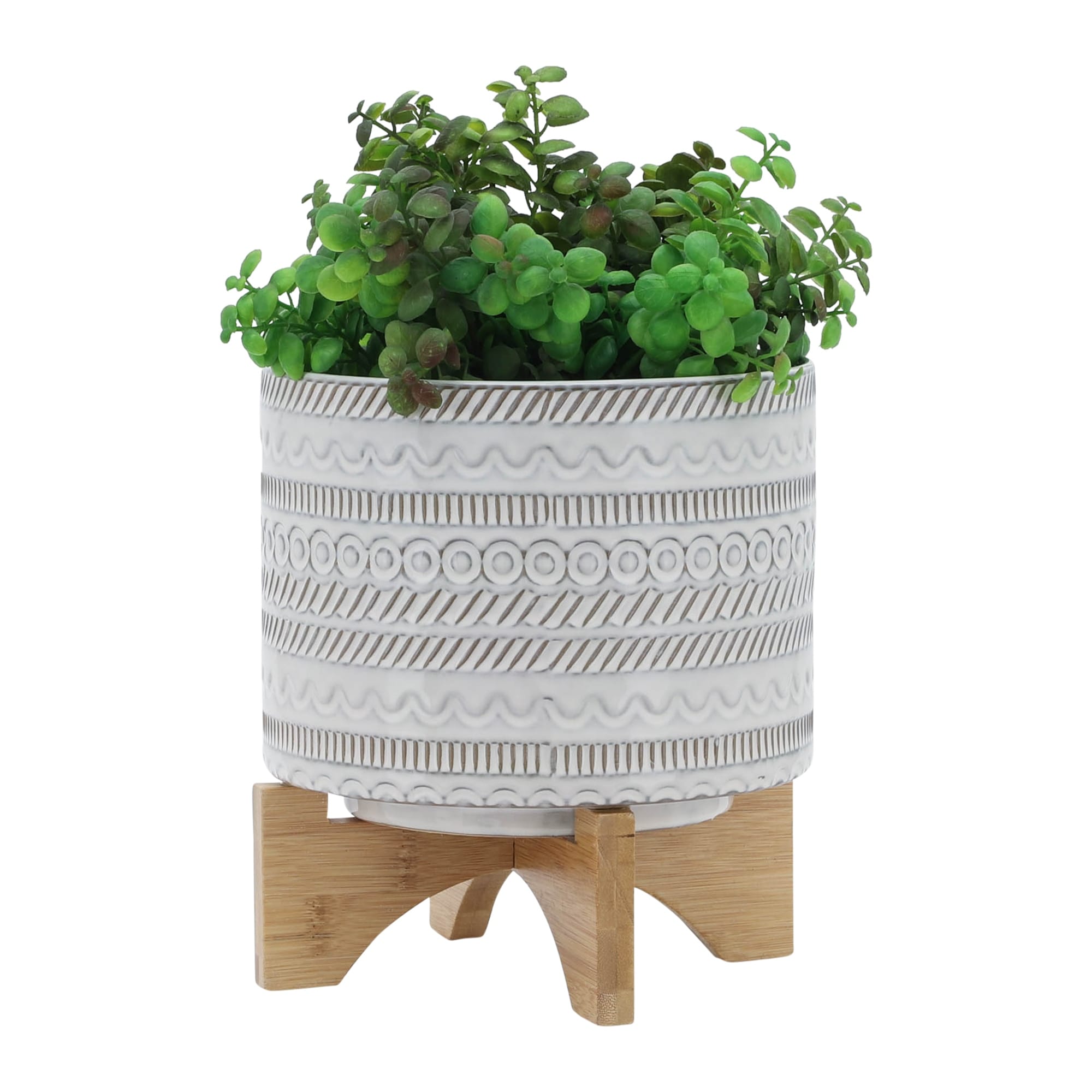 Sagebrook Home Tribal Ceramic Planter Pot with Natural Wood Stand