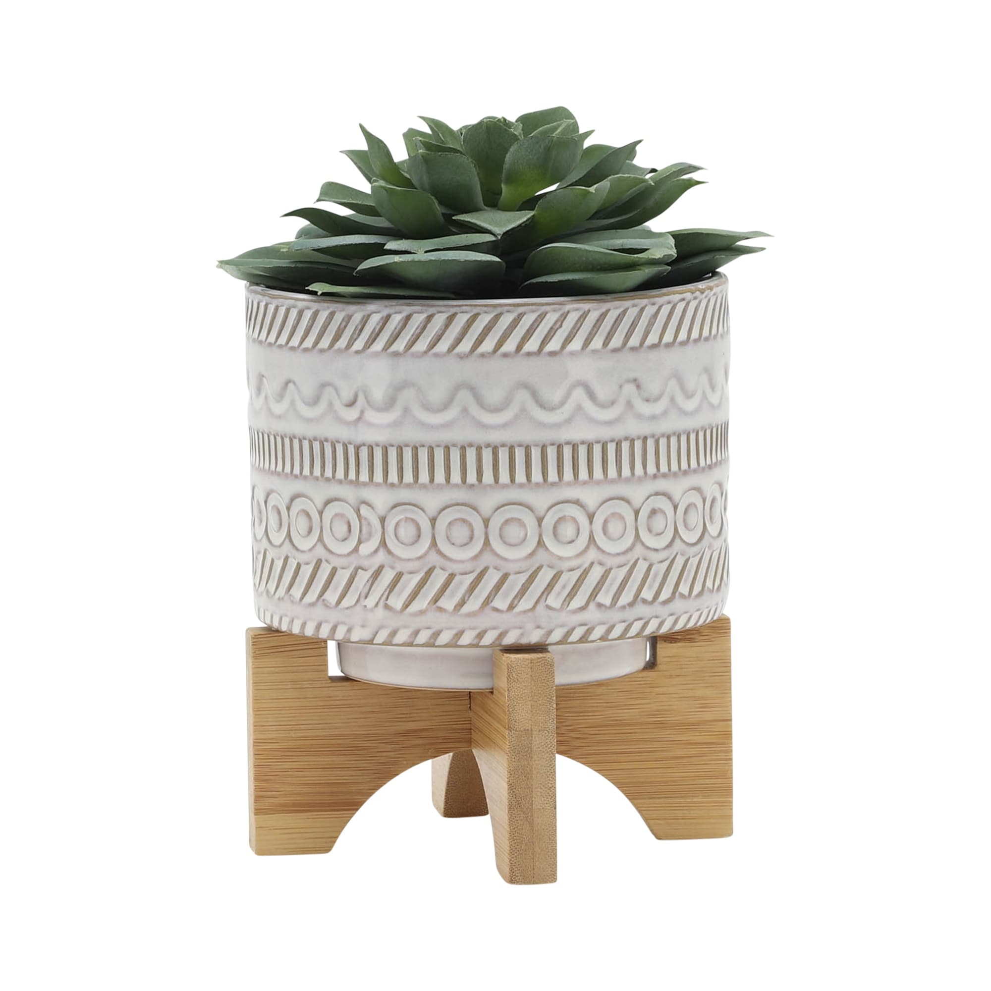 Sagebrook Home Tribal Ceramic Planter Pot with Natural Wood Stand