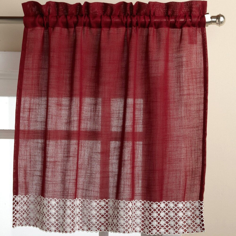 Burgundy Country Style Curtain Parts with White Daisy Lace Accent- Tier, Swag and Valances