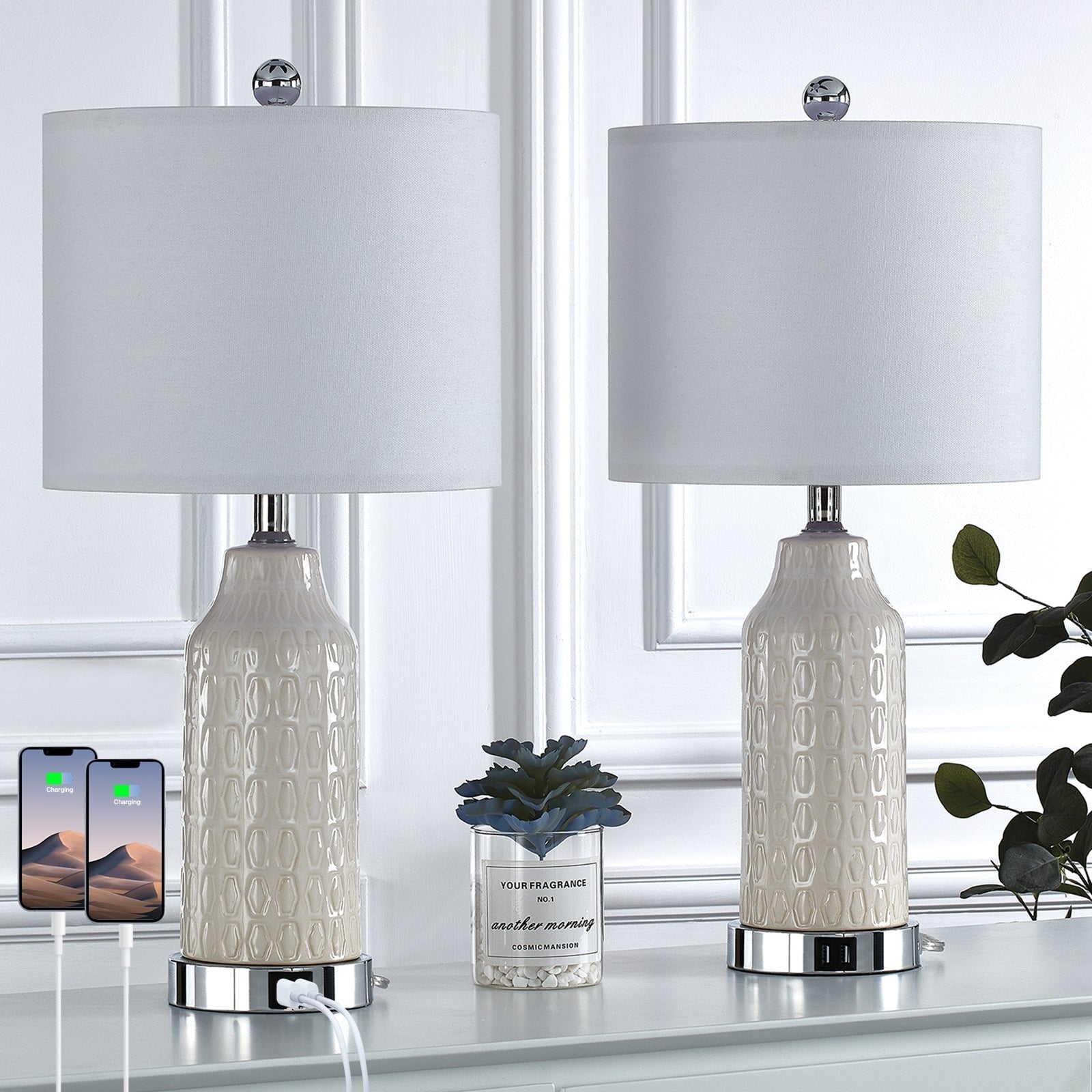 White Ceramic Table Lamps with 3-way Touch Dimming Switch & Dual USB Charging Ports & AC Outlet (Set of 2)