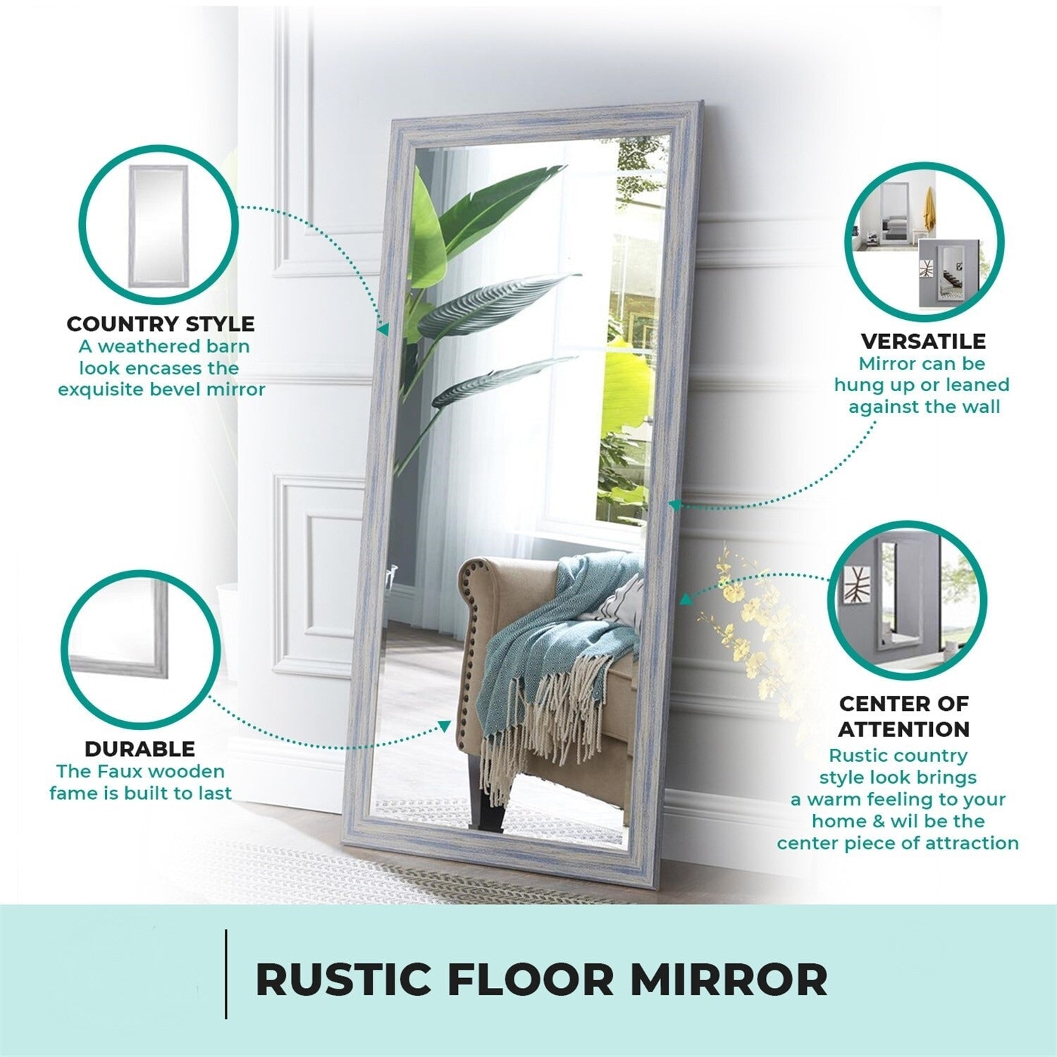 Tall Mirror Wooden Frame Full Body Oversized Rustic Free Standing Vertical, Rectangular Mirror Full Length Hanging Floor Mirror