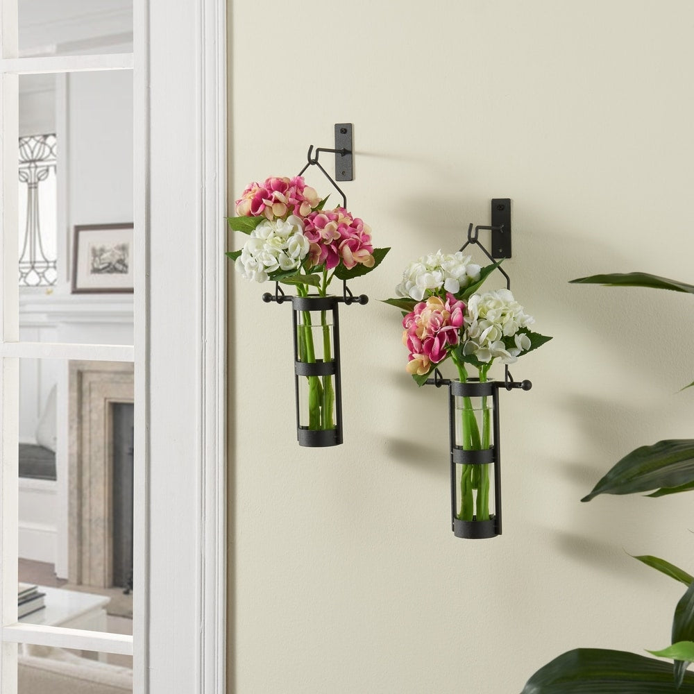 Wall Mount Hanging Glass Cylinder Vase Set with Metal Cradle and Hook