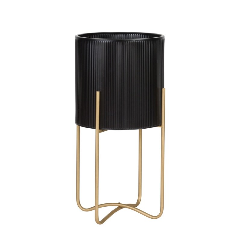 Everett Black Mid-Century Modern Indoor Metal Pot Planter with Tall Metal Base