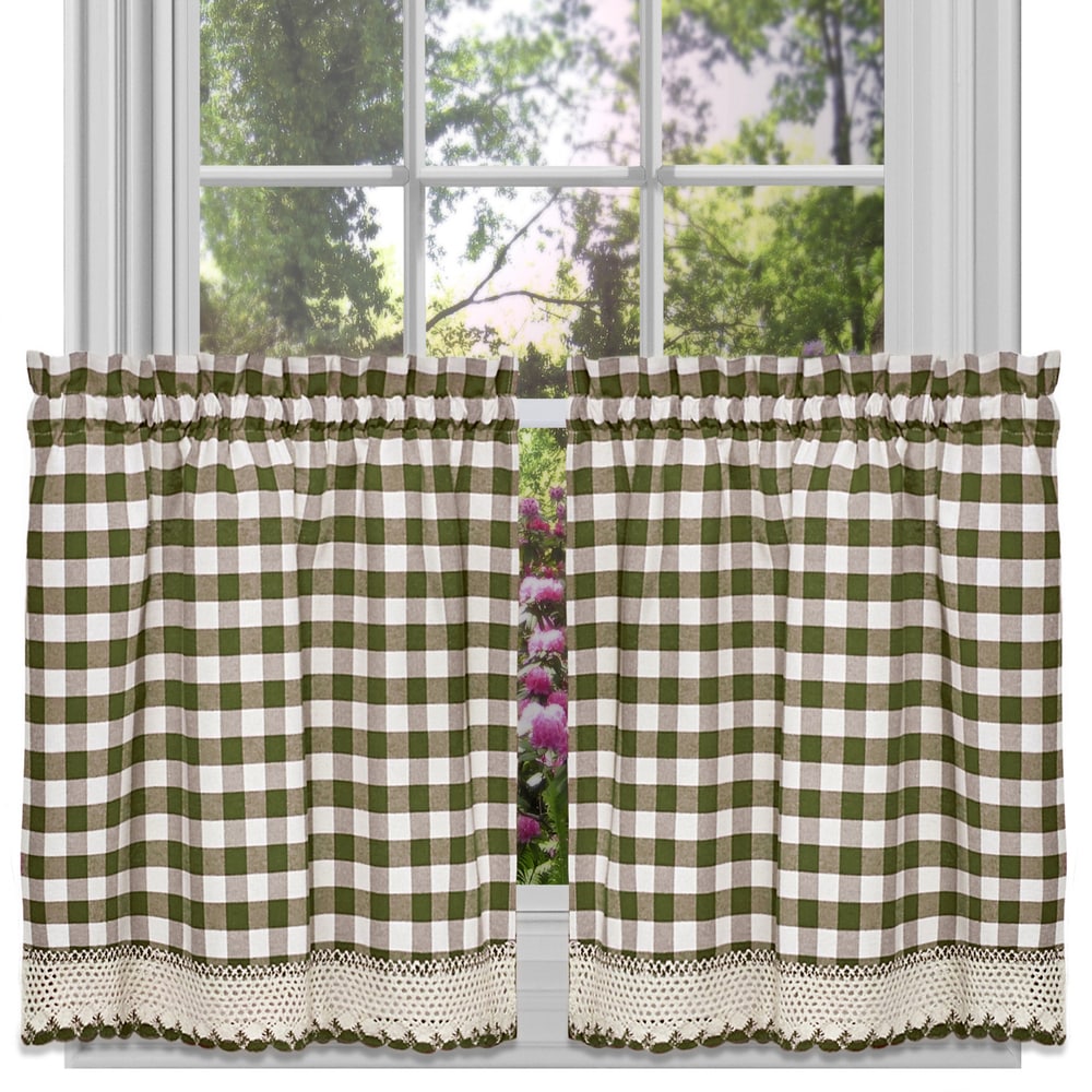 Classic Buffalo Check Kitchen Sage/ White Curtain Set or Separates