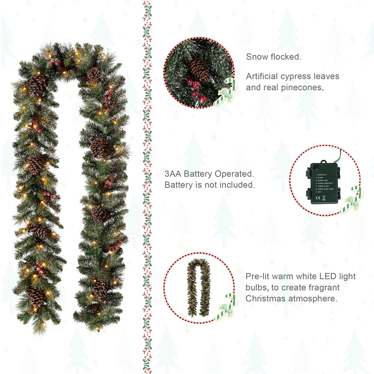 Glitzhome 9'L Pre-Lit Christmas Garland with Warm White LED Light