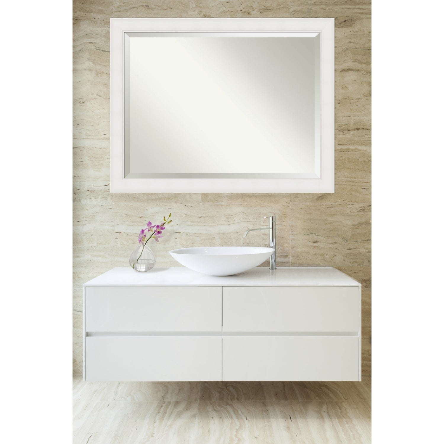 Textured White Beveled Framed Bathroom Vanity Wall Mirror - Textured White