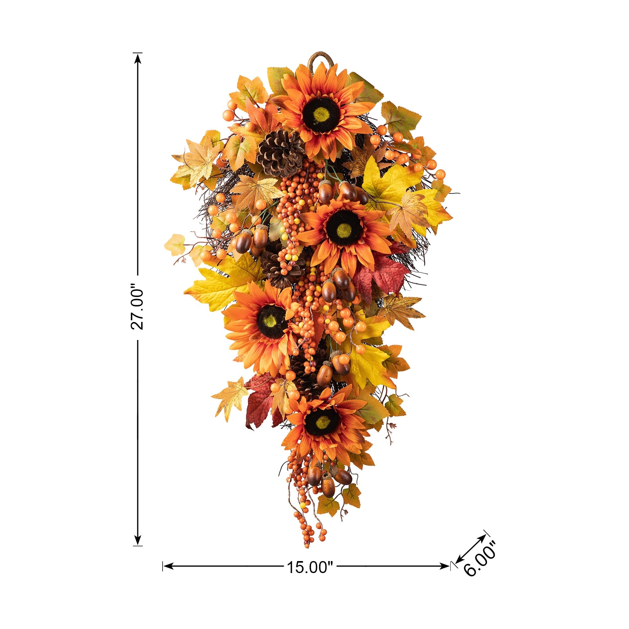 Glitzhome 26H Fall Sunflower Pumpkin Lotus Leaf Teardrop Swag for Thanksgiving