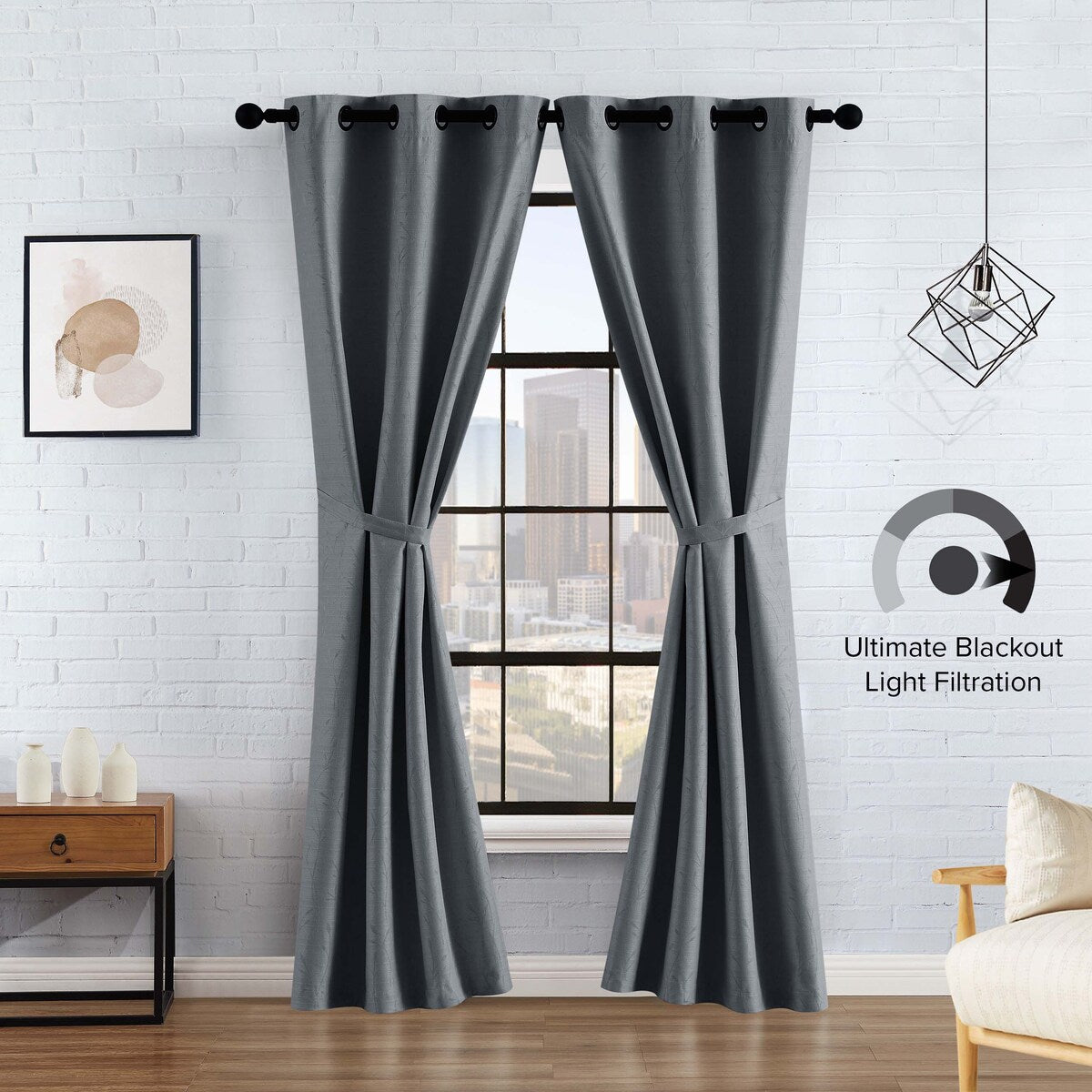 Lucky Brand Sondra Textured Leaf Pattern Blackout Grommet Window Curtain Panel Pair with Tiebacks